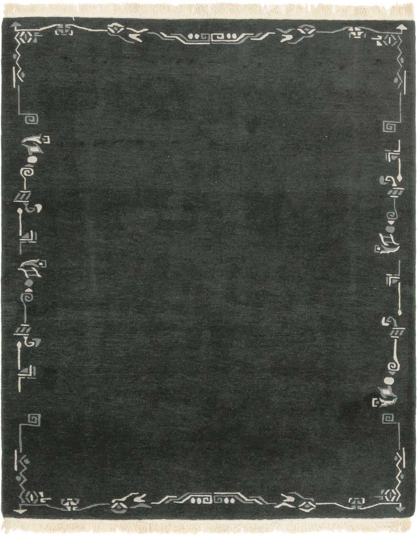 A 4x6 rectangular black wool rug with a high pile and a modern abstract border pattern in white and gray, featuring short white fringes.