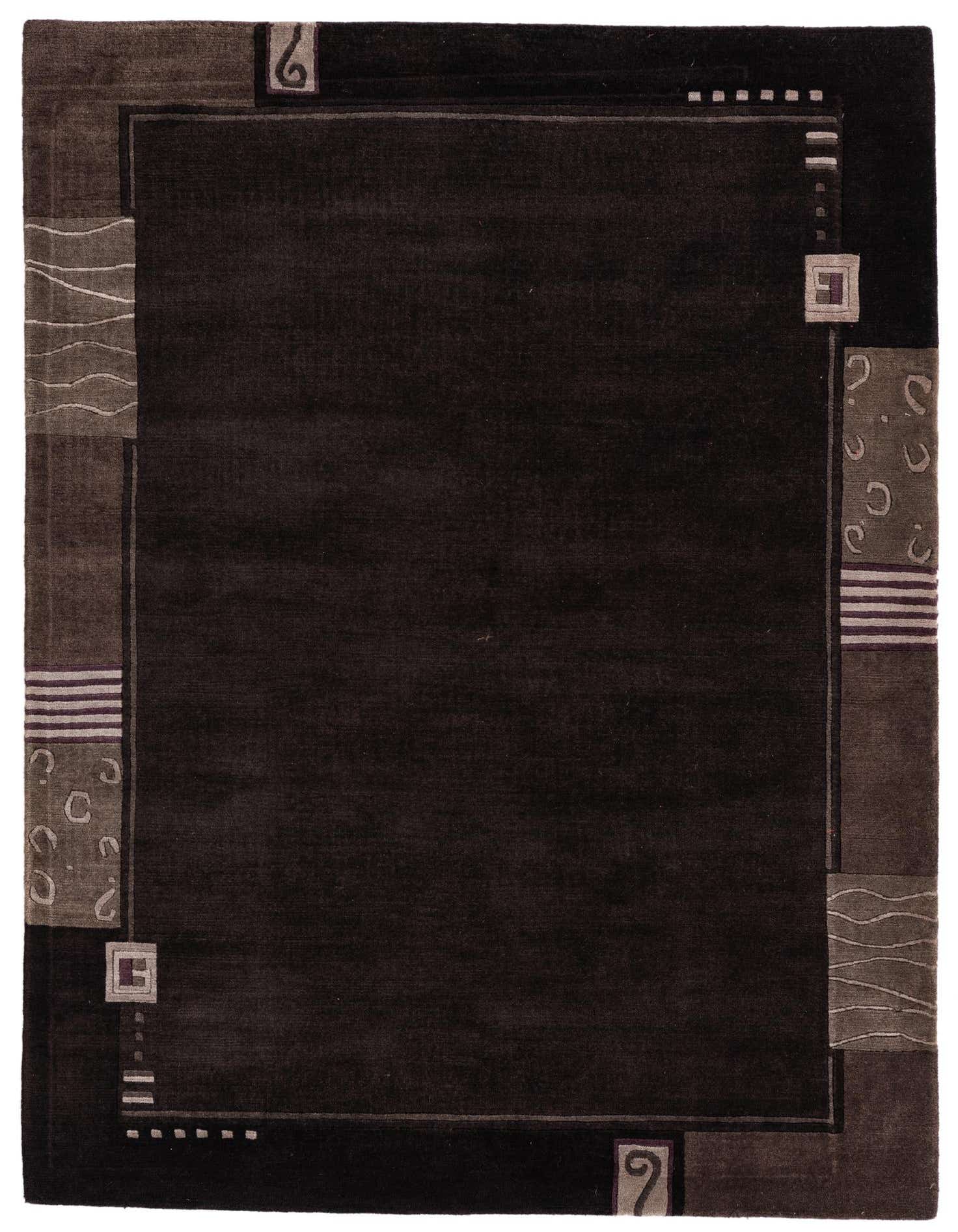 A 4x6 rectangular black wool rug with a modern abstract border in shades of gray and purple, suitable for a living room.