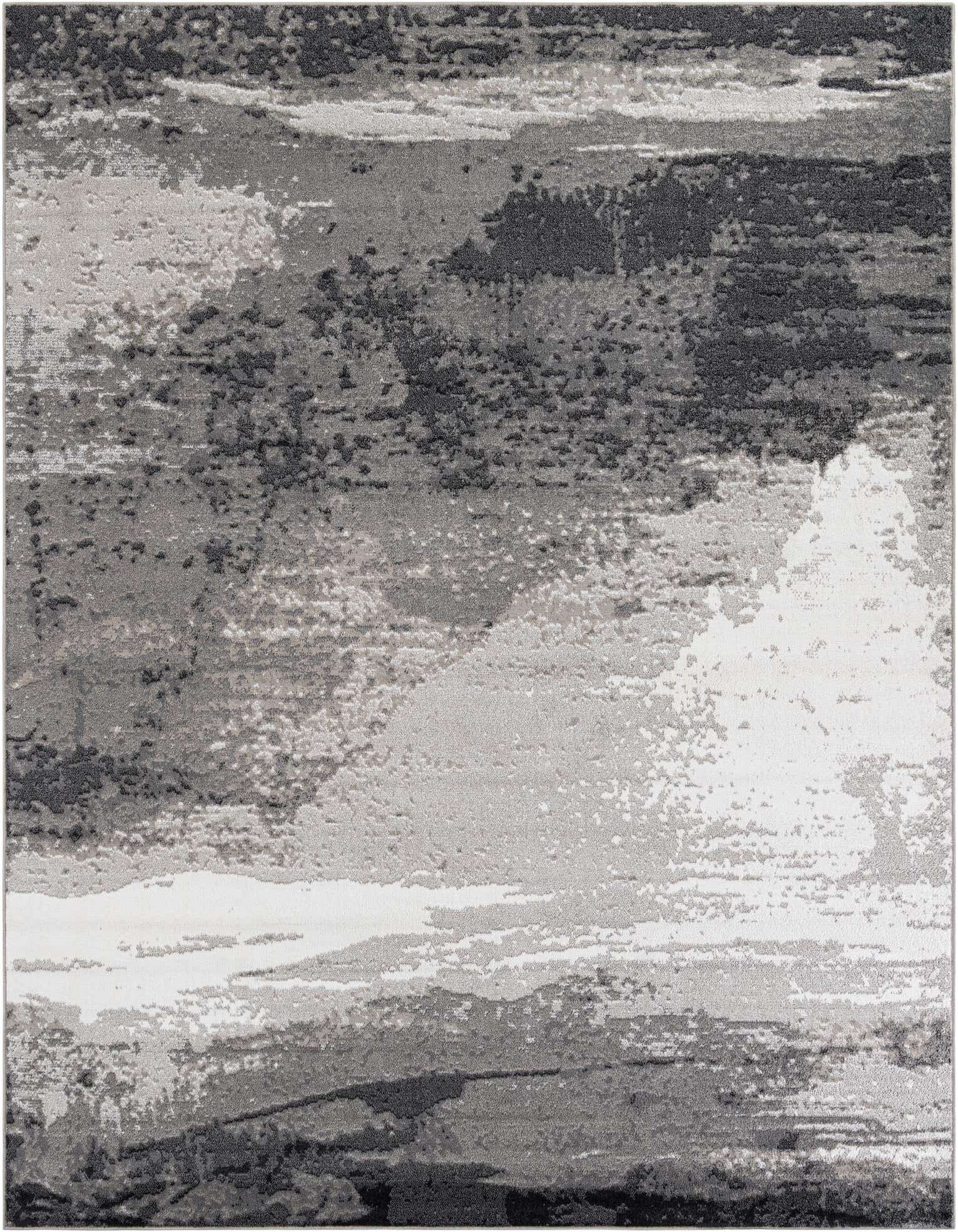 A 10x13 rectangular Rugs.com Oslo rug featuring a modern abstract pattern in shades of black, grey, and white.