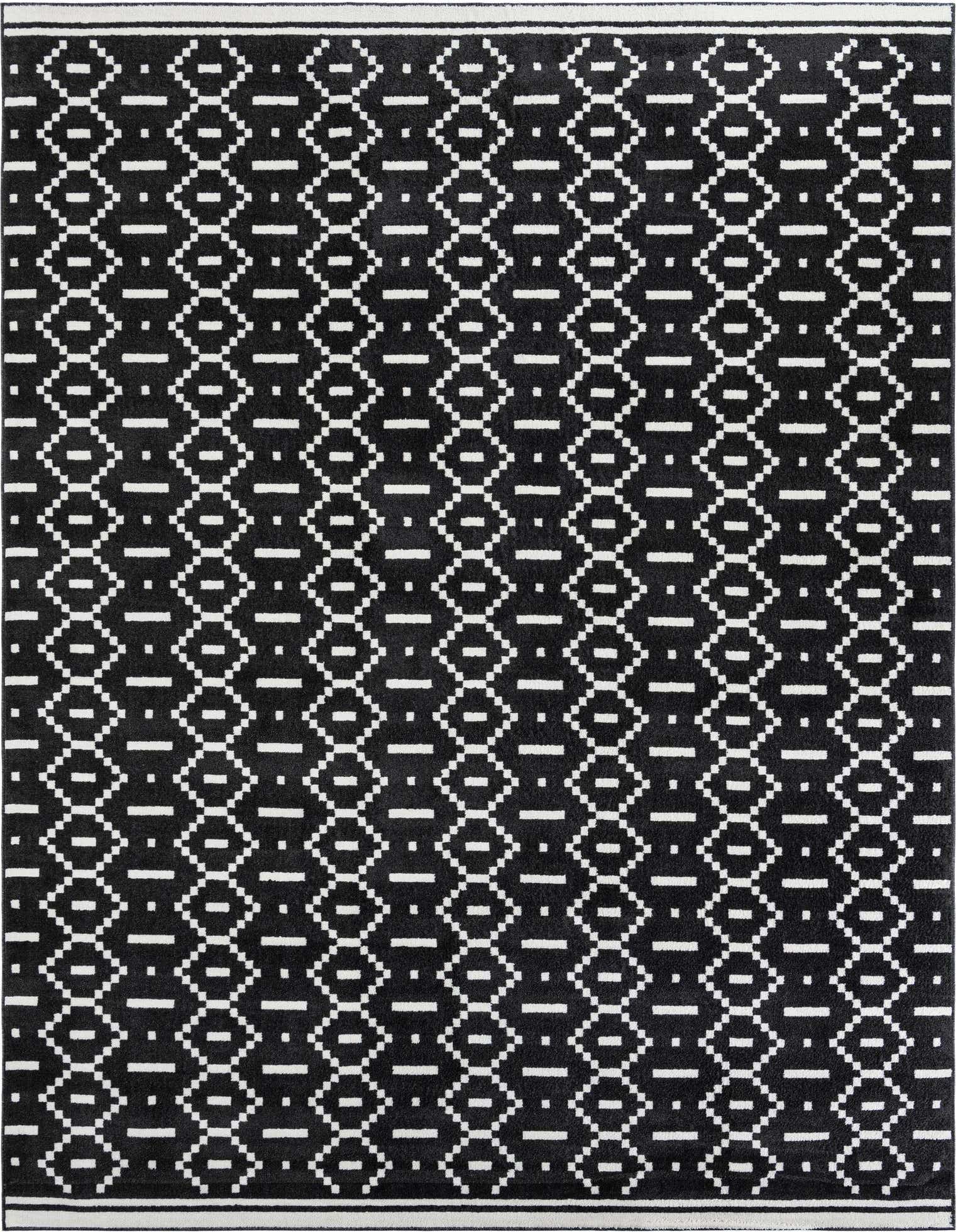 A 10x13 rectangular black and white modern area rug with a repeating geometric diamond and dash pattern.