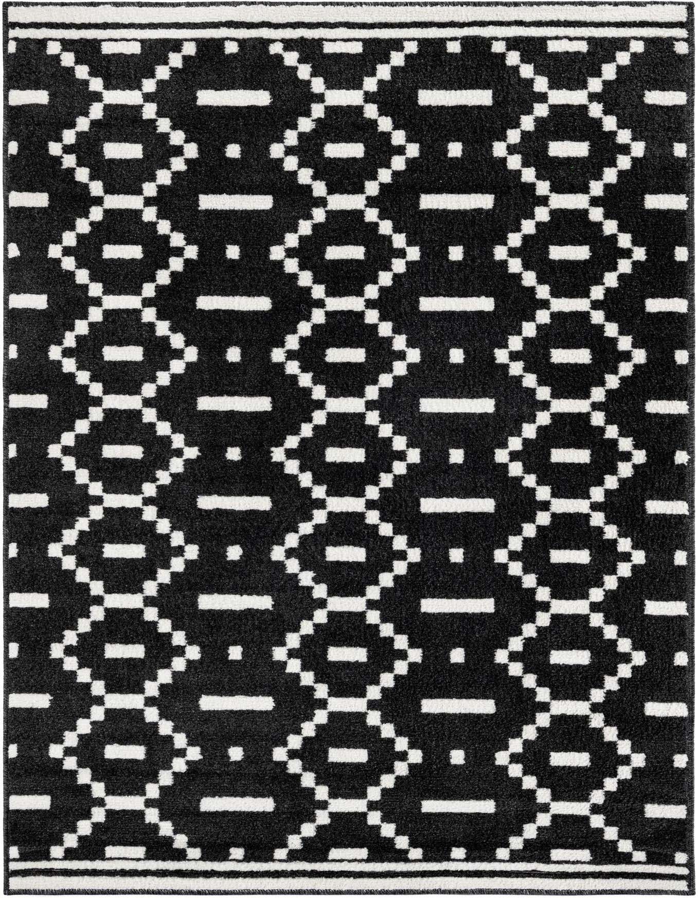 A 4x6 rectangular black and white modern area rug with an abstract geometric diamond pattern, suitable for a living room.