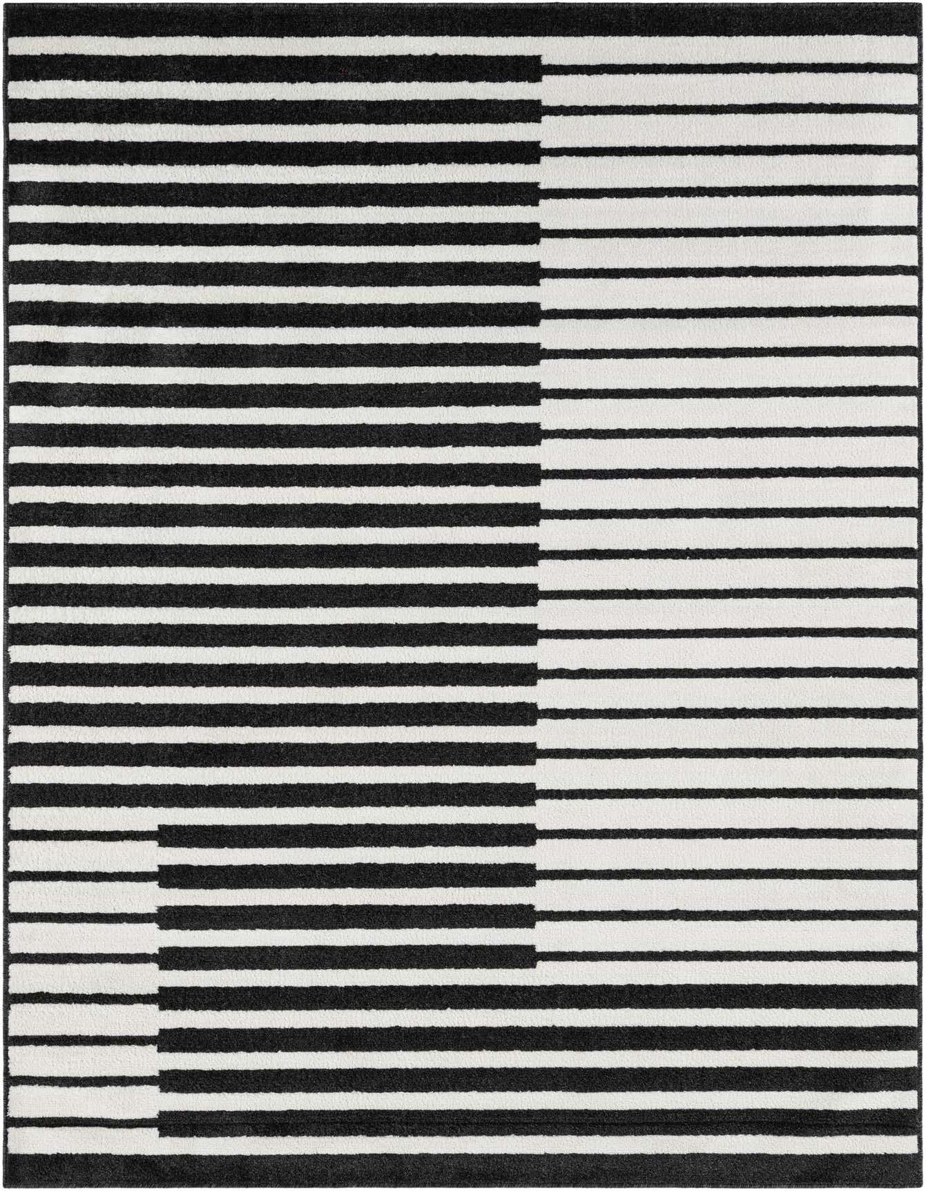 A 6x9 rectangular Rugs.com Oslo rug featuring a modern black and white stripe pattern, suitable for a living room.