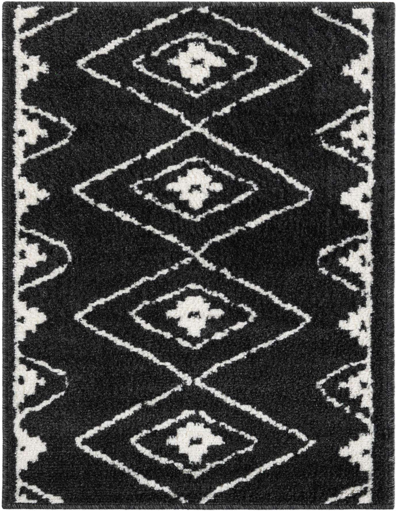 A 2x3 rectangular black modern rug with a distressed white diamond pattern, ideal for an entryway or kitchen.