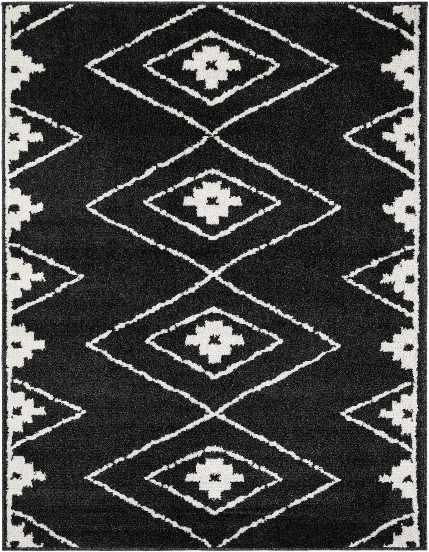 A 4x6 black rectangular rug with a modern white diamond and geometric pattern, suitable for various indoor rooms.