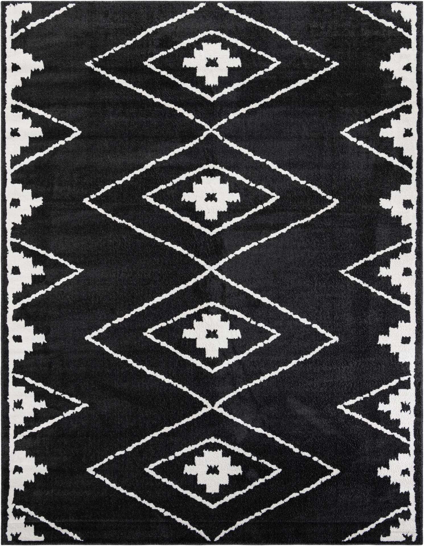 A 9x12 rectangular black modern area rug with a white geometric diamond pattern, suitable for a living room.