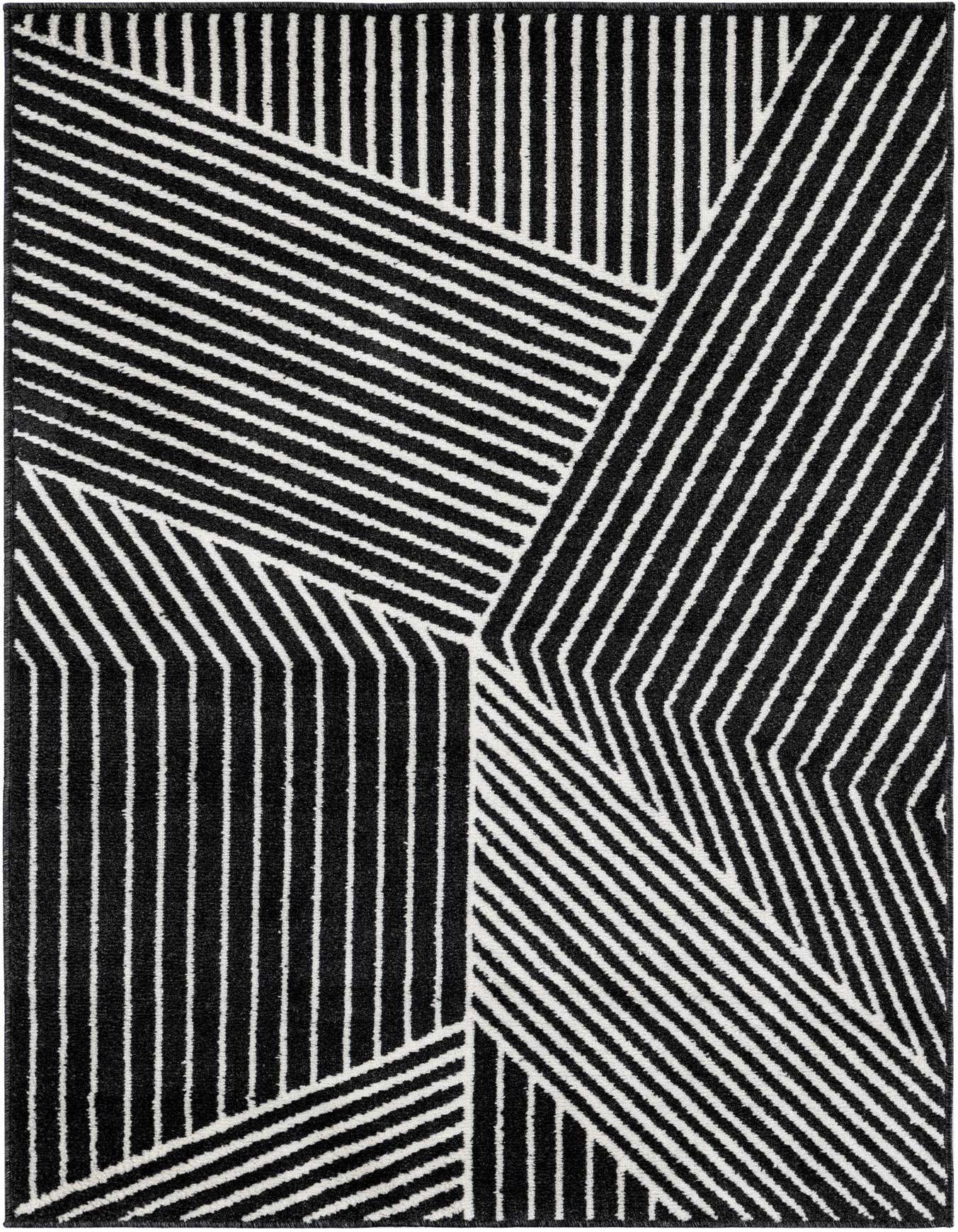 A 4x6 rectangular black and white modern rug featuring a bold geometric stripe pattern, ideal for a living room.