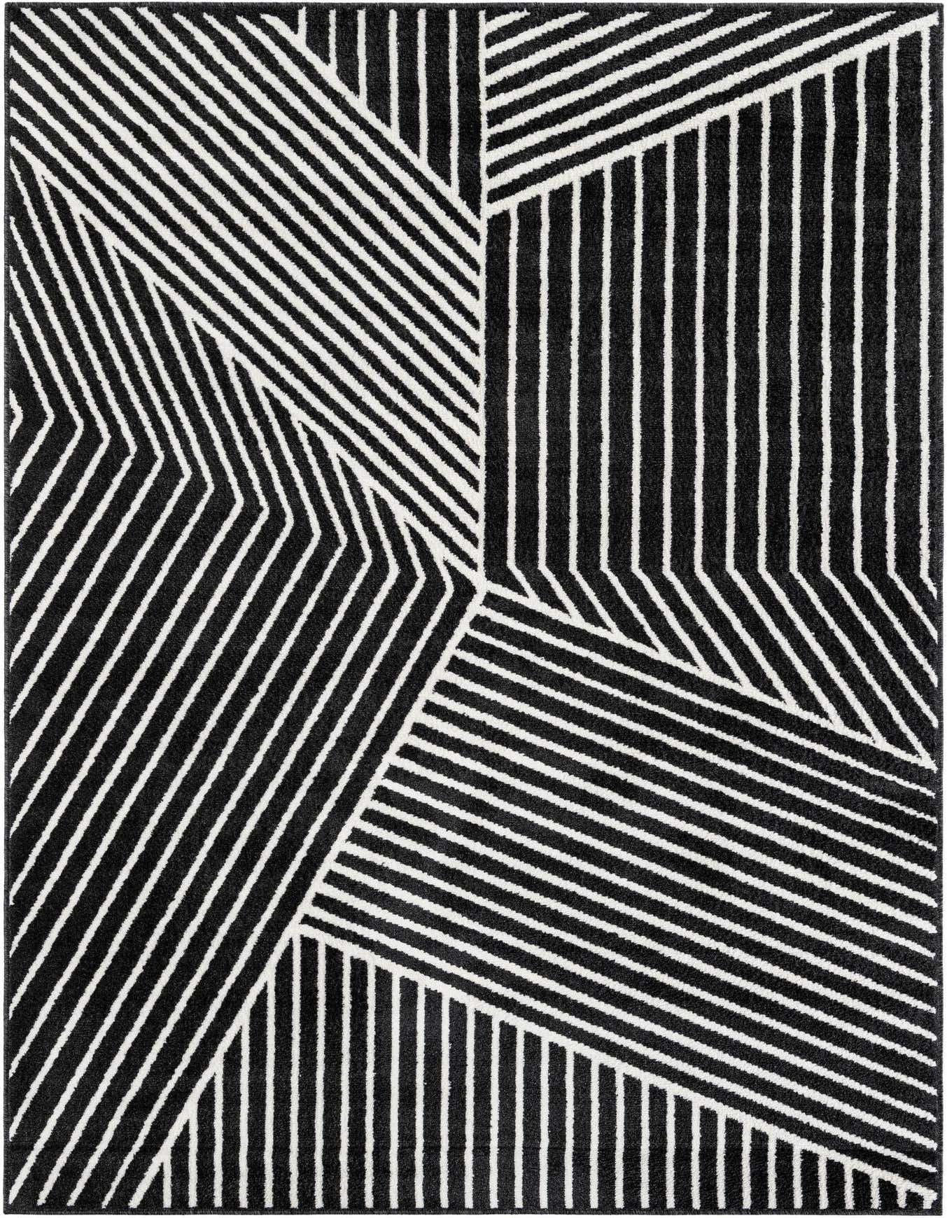 A 6x9 rectangular black and white modern rug featuring bold geometric stripes in varying directions, suitable for a living room.