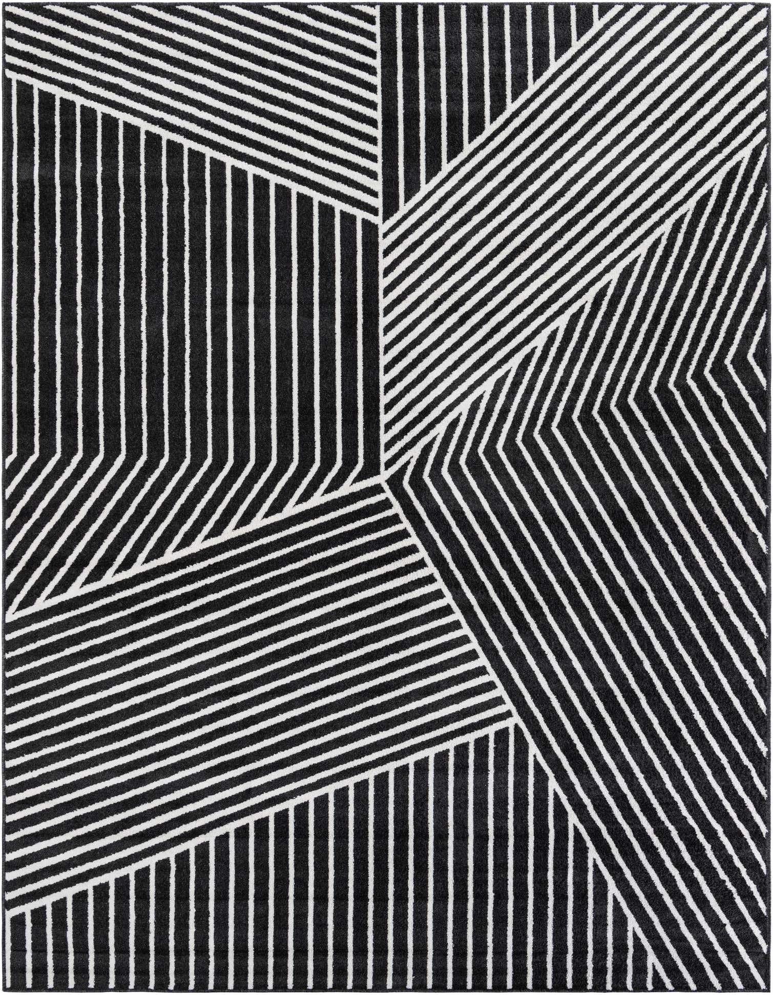 A 9x12 rectangular black rug with a bold, modern geometric pattern of white stripes in varying directions.
