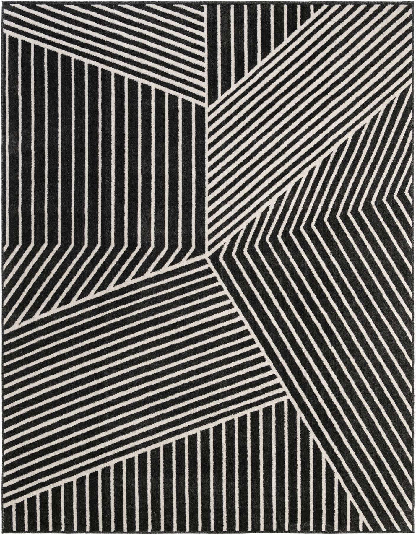 A rectangular 8x11 black and white modern area rug with a bold geometric stripe pattern, ideal for a living room.