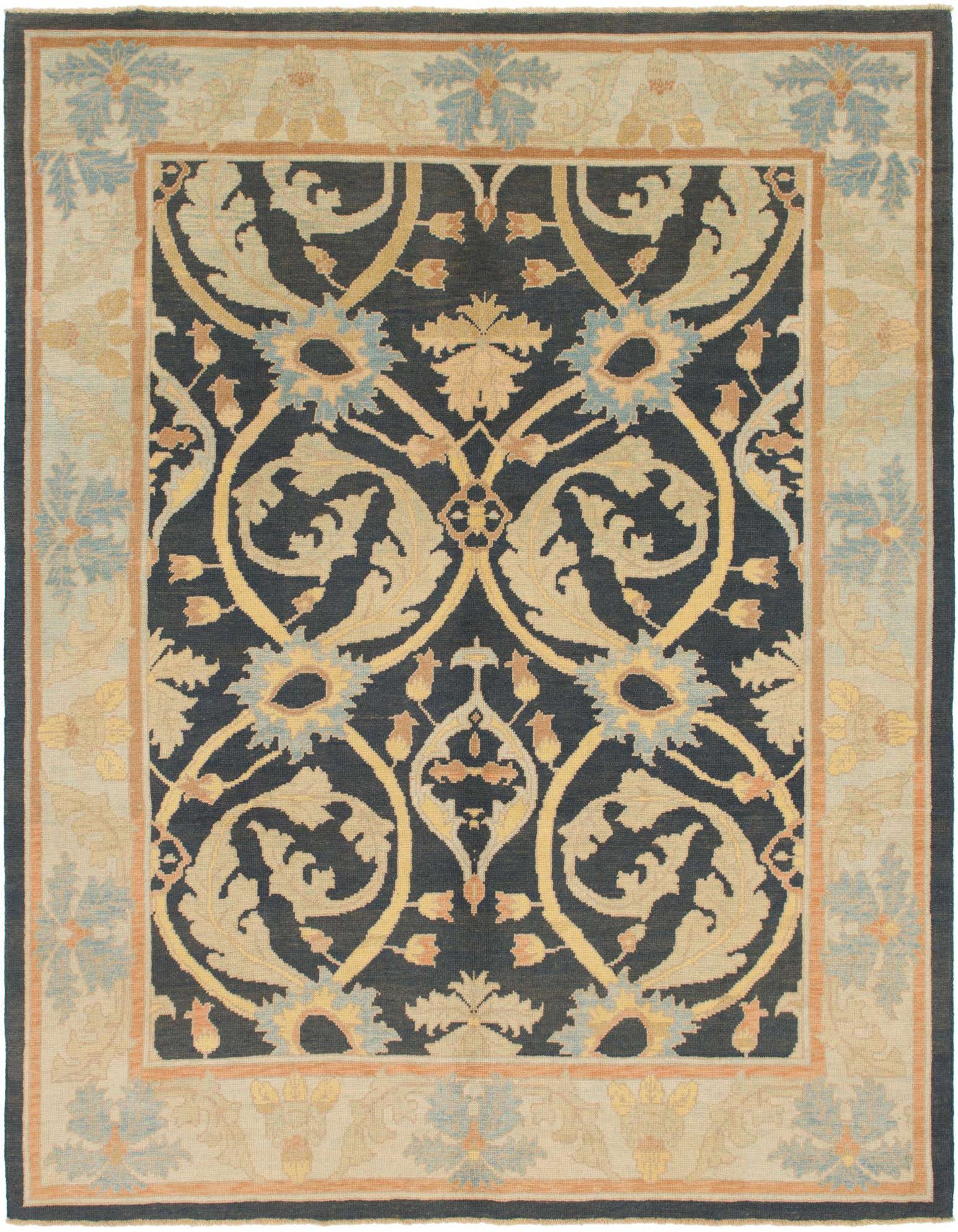 A 10x13 rectangular Oushak rug featuring a black field with intricate gold and light blue traditional floral patterns, framed by a light beige border with complementary motifs.