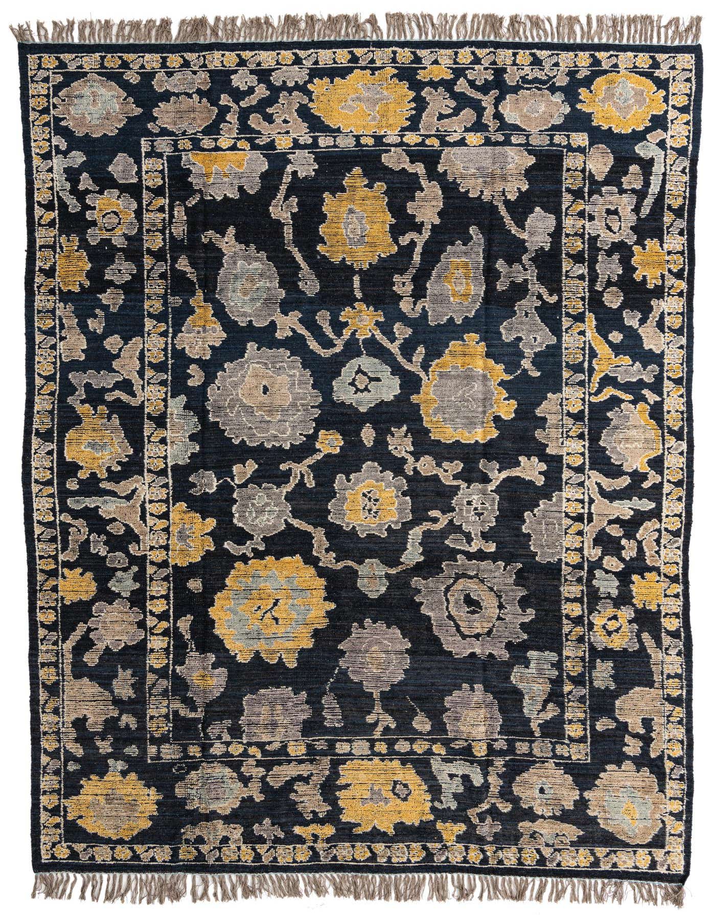 A 9x12 rectangular Oushak rug in black, featuring a modern abstract floral pattern in gold, grey, and light blue tones, with fringed ends.