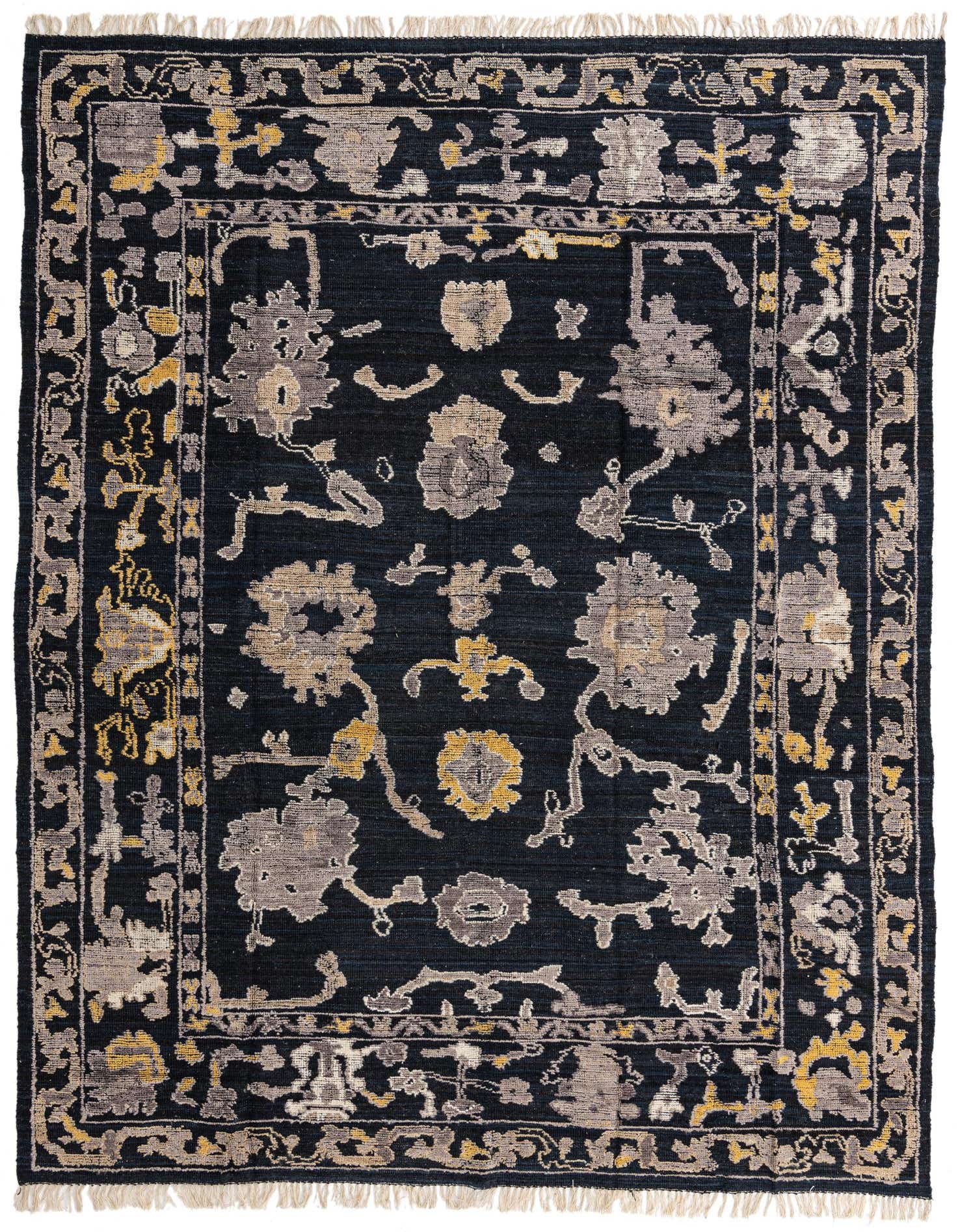 A 9x12 rectangular Oushak wool rug with a black background and abstract floral patterns in grey and gold.