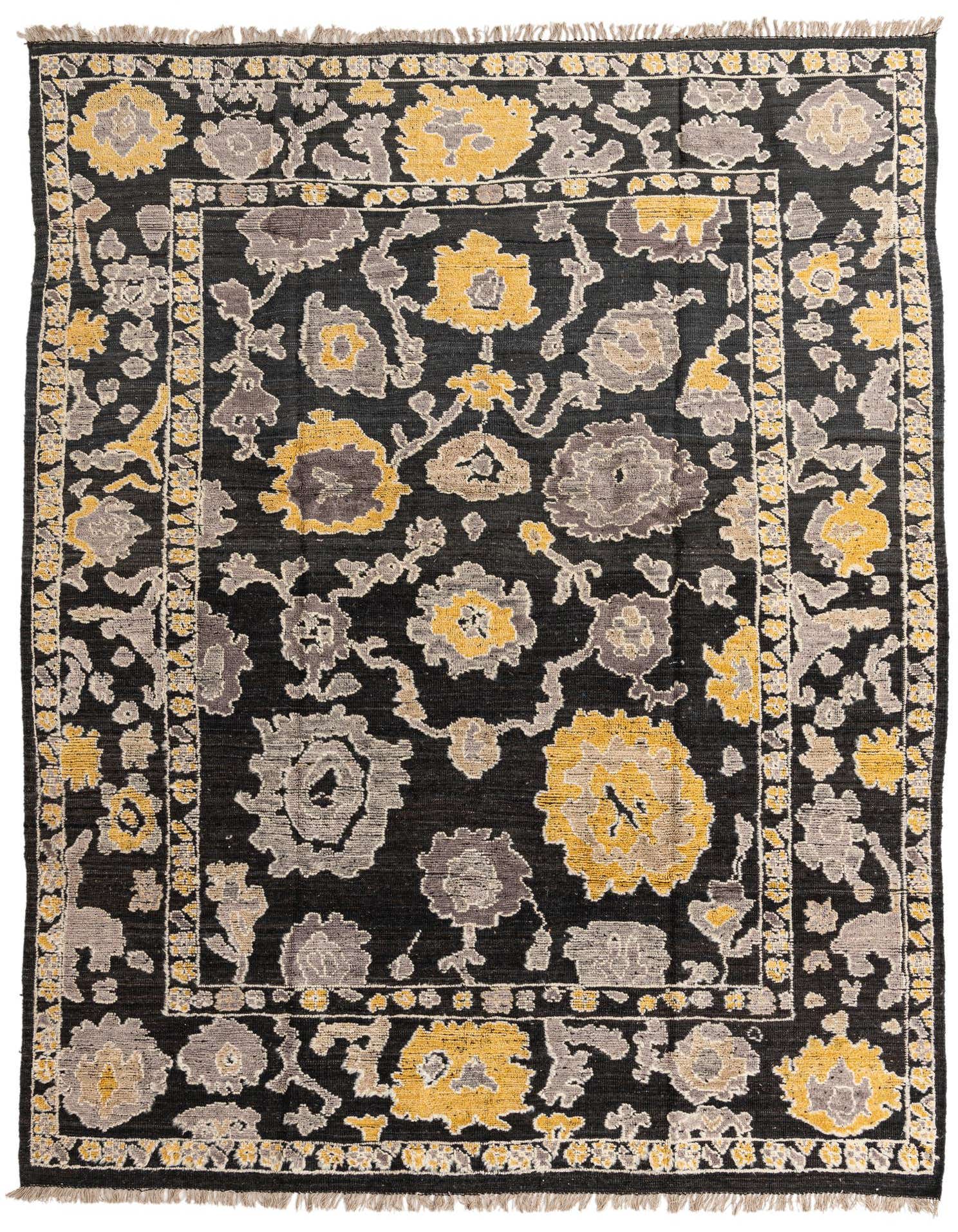 A 9x12 rectangular Oushak rug featuring a modern abstract floral pattern in black, grey, and yellow, with a medium pile and fringed edges.