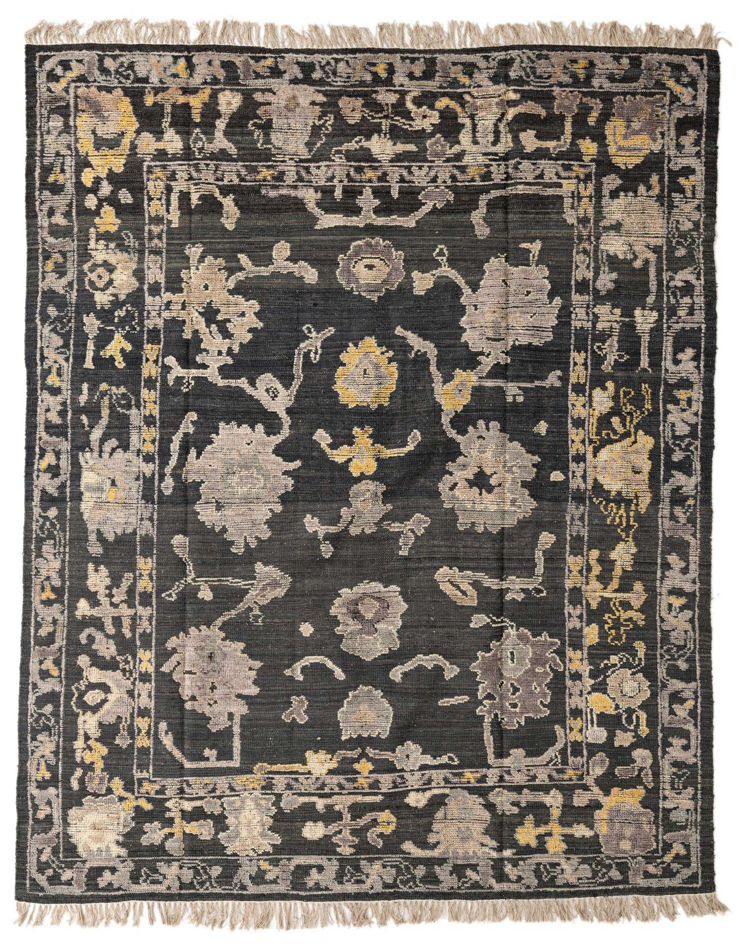 An 8x10 rectangular Oushak rug with a black background and abstract floral patterns in grey, beige, and gold, featuring a border.