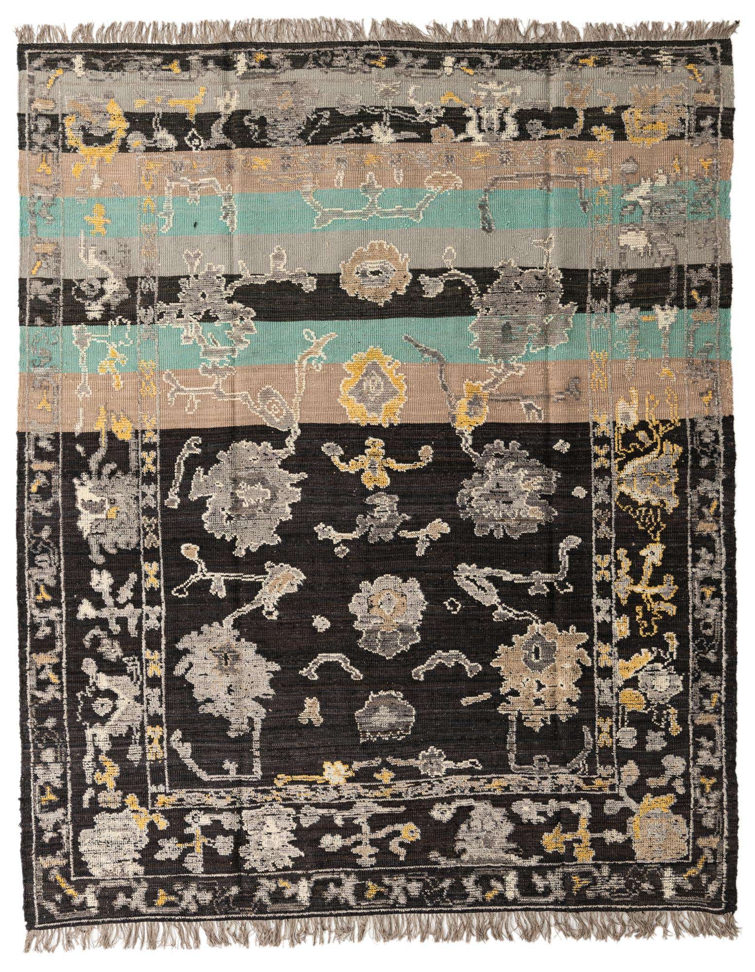 A rectangular 8x10 Oushak rug featuring a modern abstract pattern in black, grey, beige, teal, and yellow, with fringes.