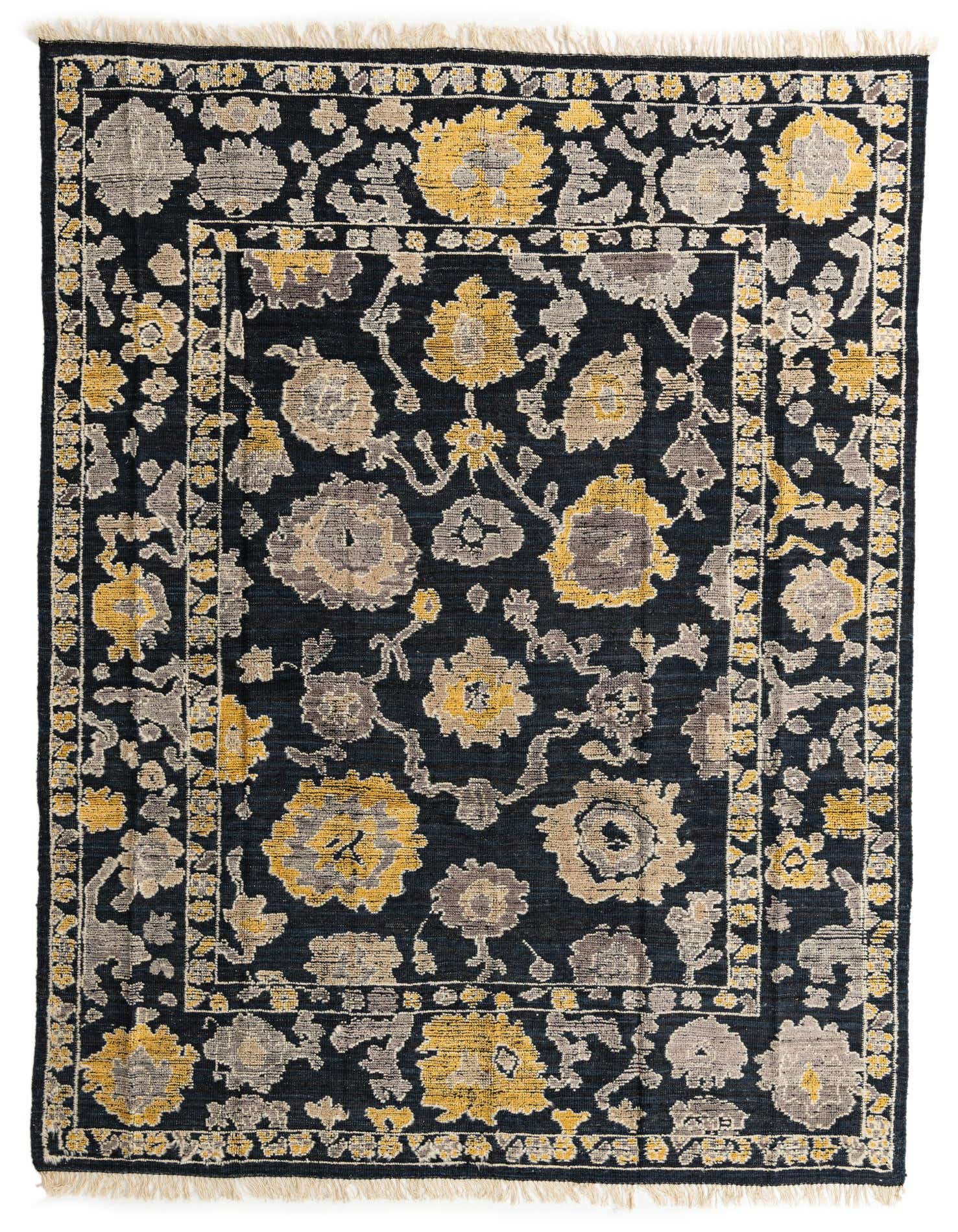 An 8x11 rectangular Oushak wool rug featuring a modern floral pattern in black, gold, and grey tones.