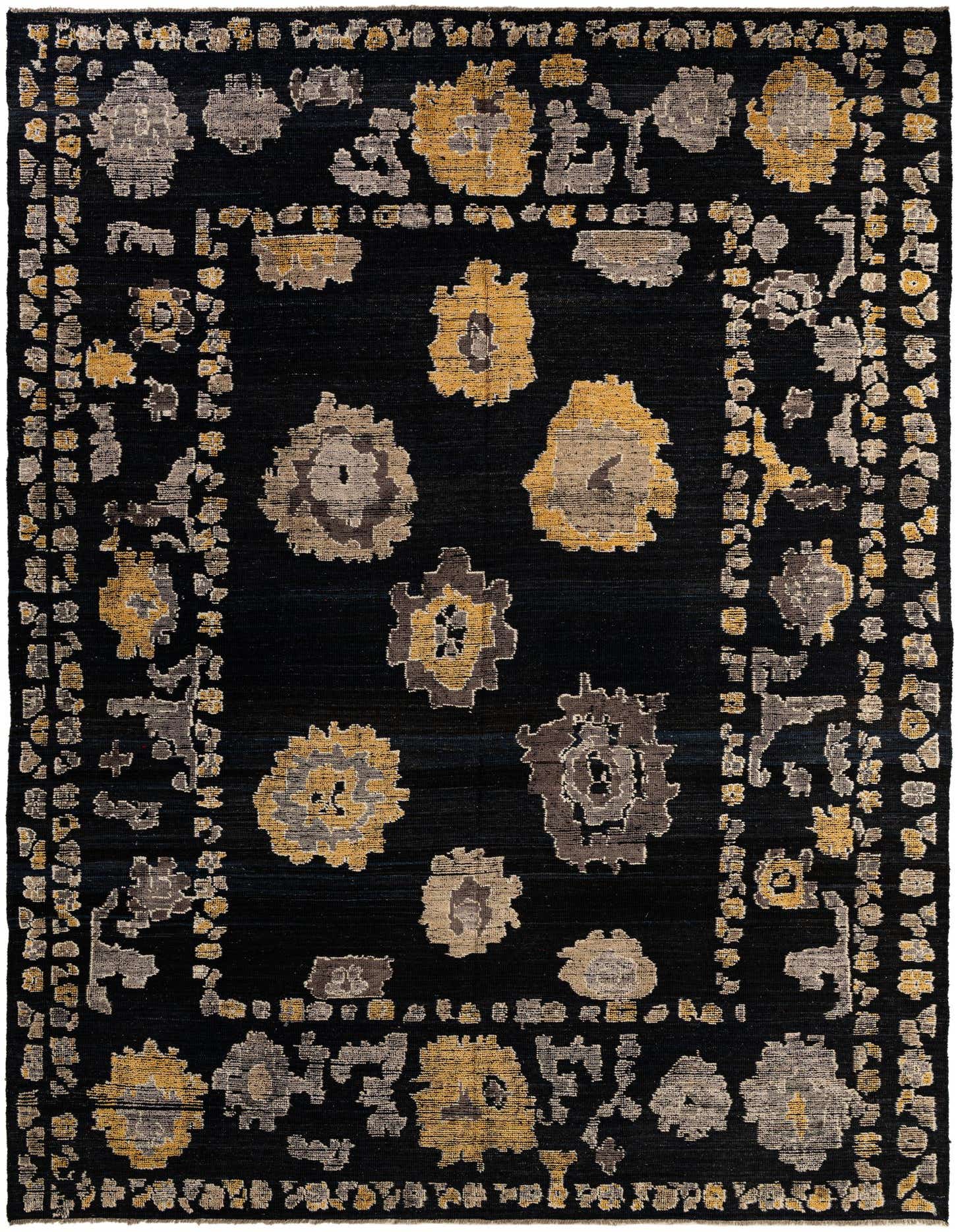 A 10x14 rectangular black wool rug with a modern Oushak pattern featuring gold and gray floral motifs.