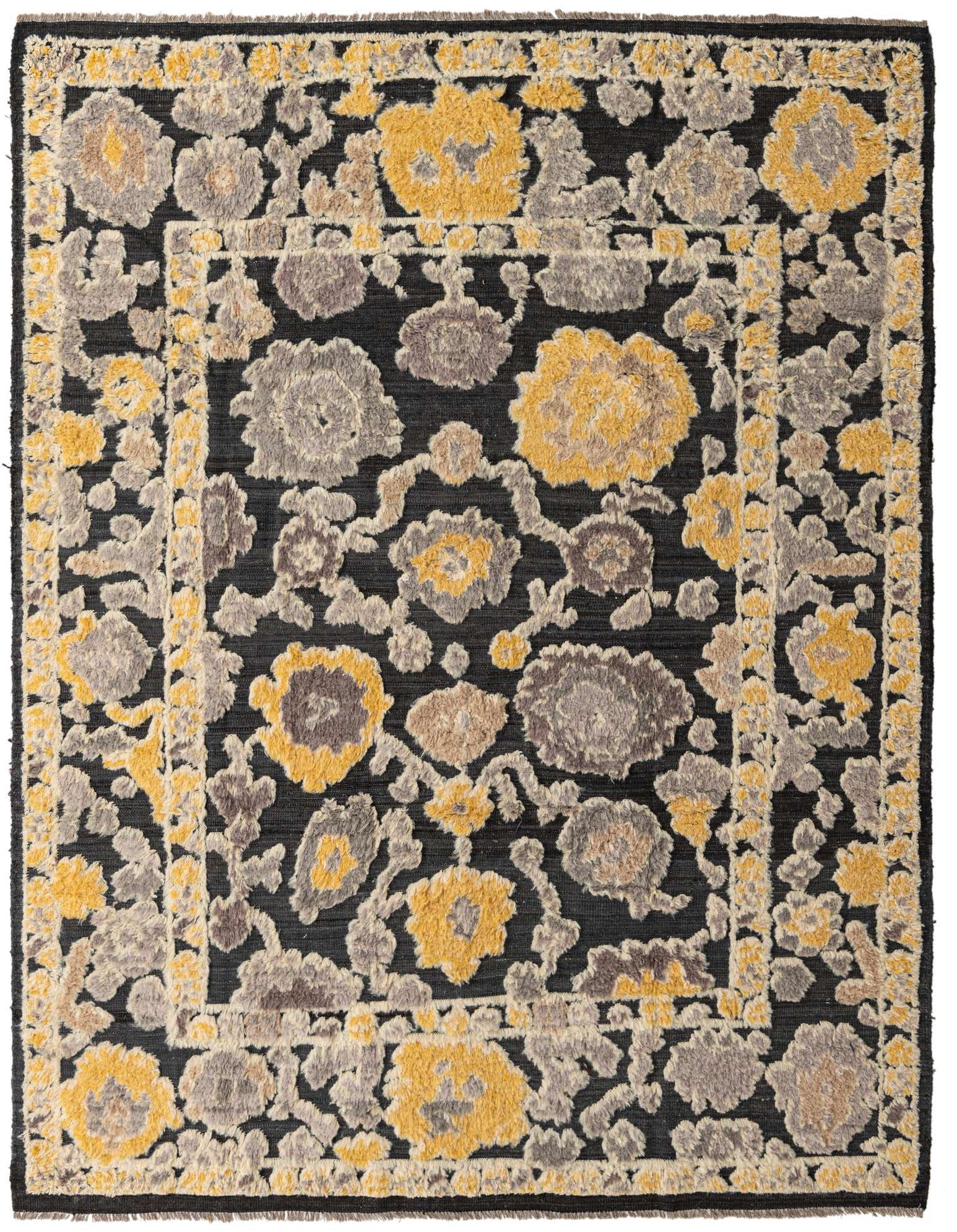 A rectangular 8x10 Oushak rug with a modern floral pattern in black, yellow, and gray, featuring a medium pile.