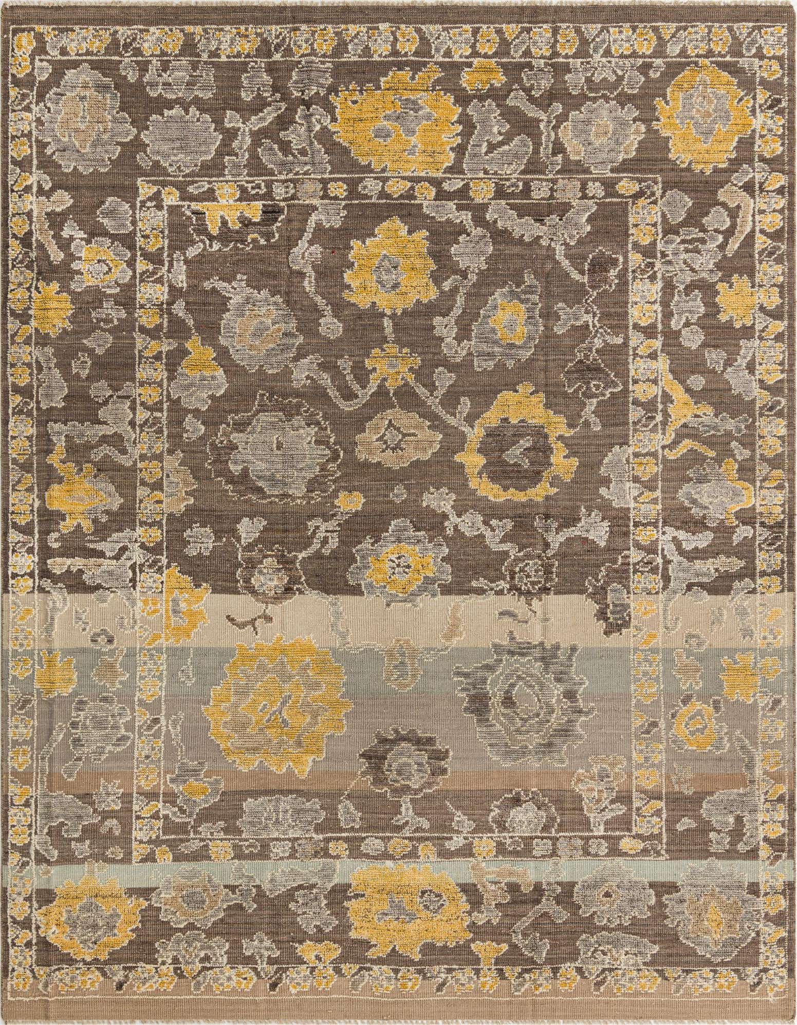 An 8x11 rectangular Oushak rug featuring an abstract floral pattern in shades of black, gray, and yellow.