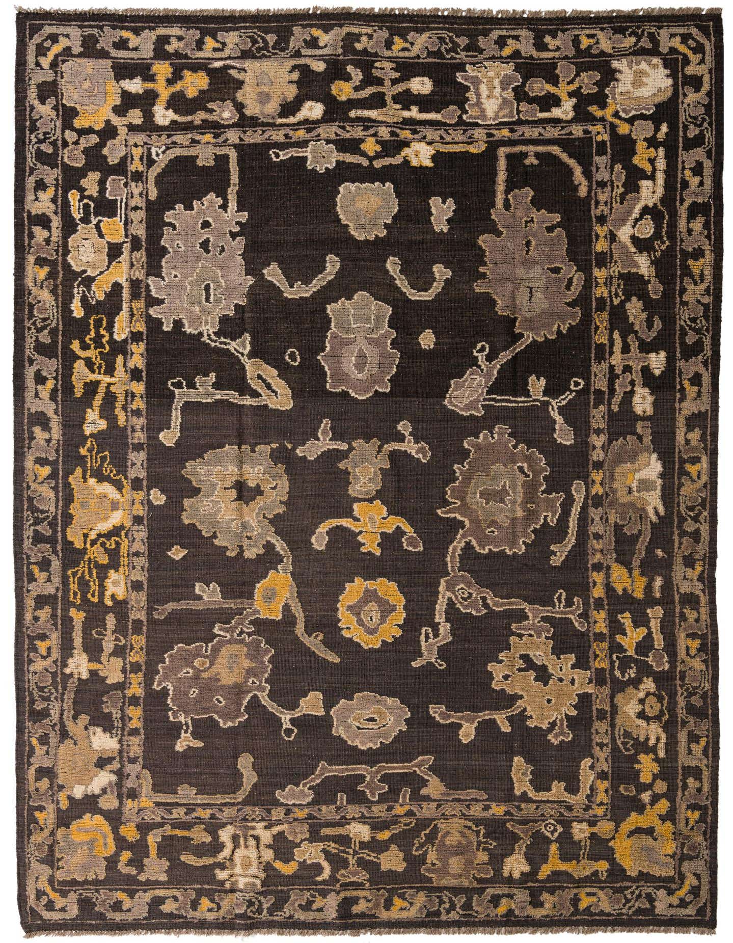 A 10x14 rectangular black modern Oushak wool rug with abstract floral patterns in grey, gold, and beige.