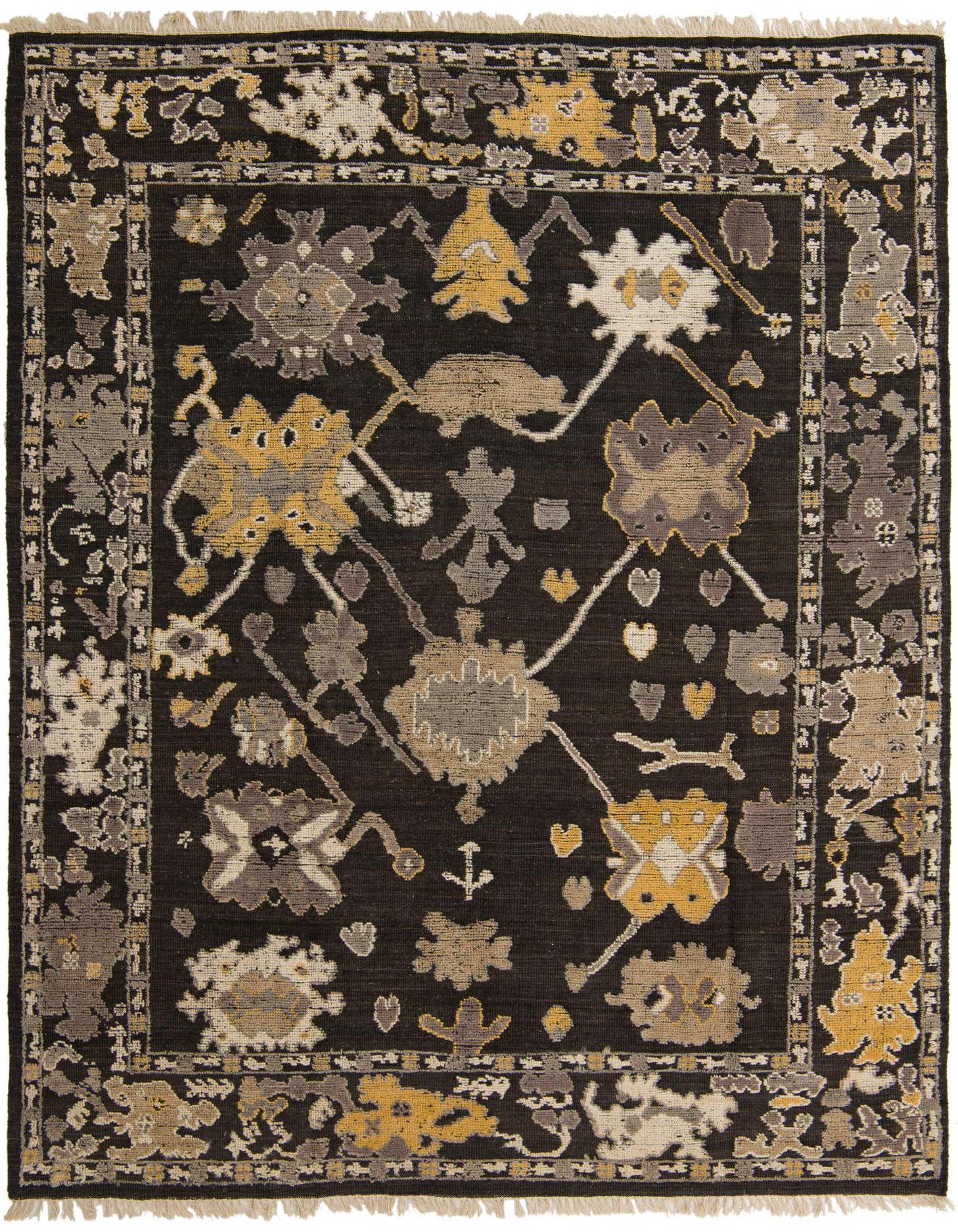 An 8x10 rectangular black Oushak wool rug with a modern abstract pattern in yellow, grey, and beige, featuring a textured pile.