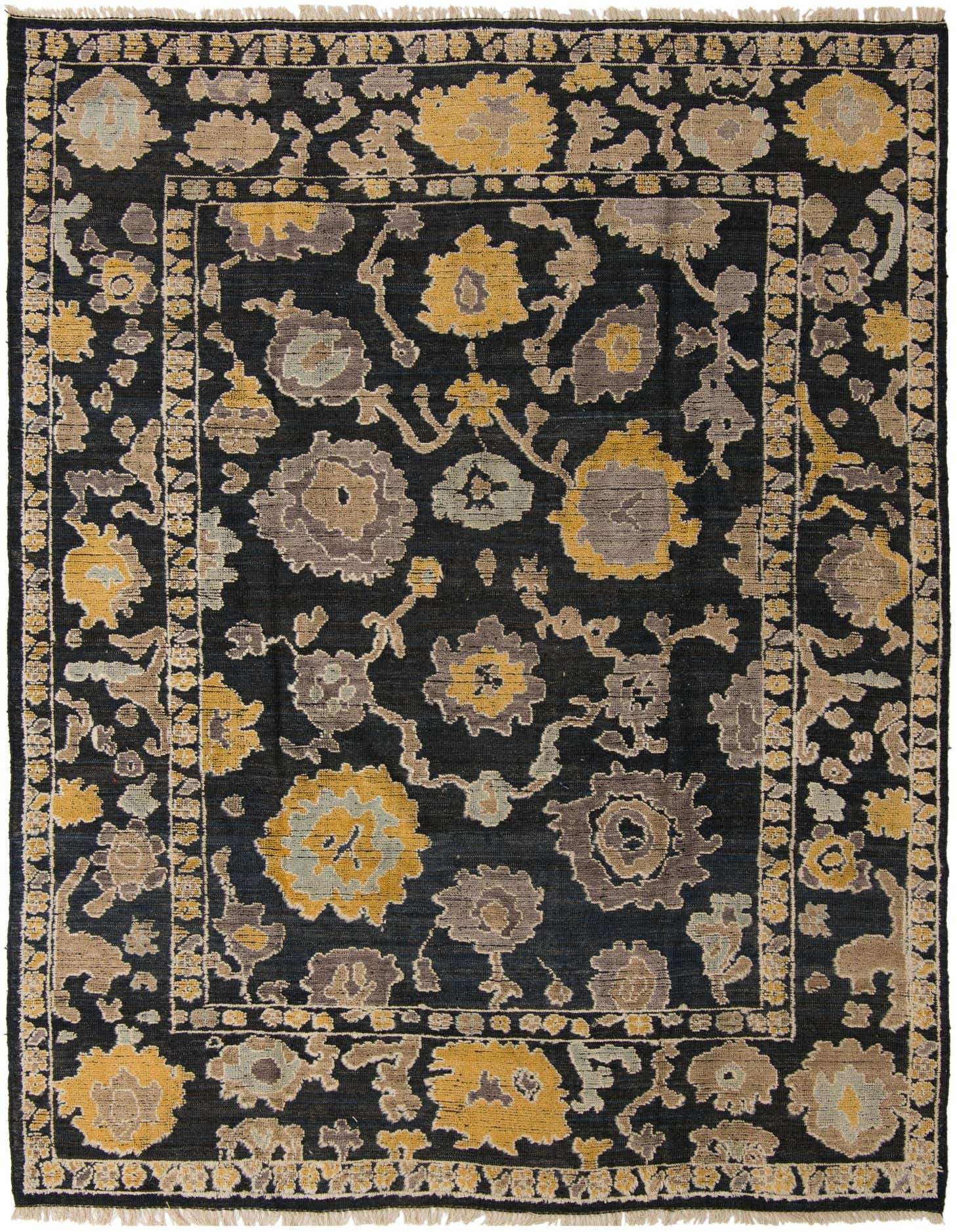 A 9x12 rectangular Oushak wool rug featuring a modern abstract floral pattern in shades of black, gold, and grey.