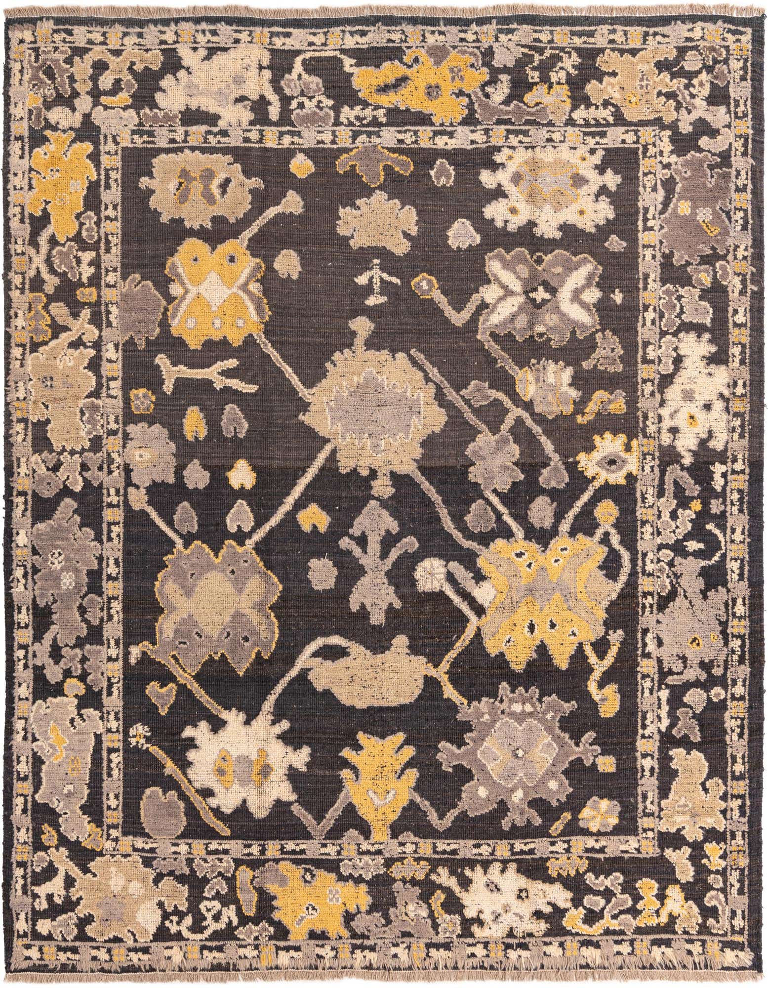 An 8x10 rectangular Oushak rug with a black background and a modern medallion pattern in yellow, grey, and cream.
