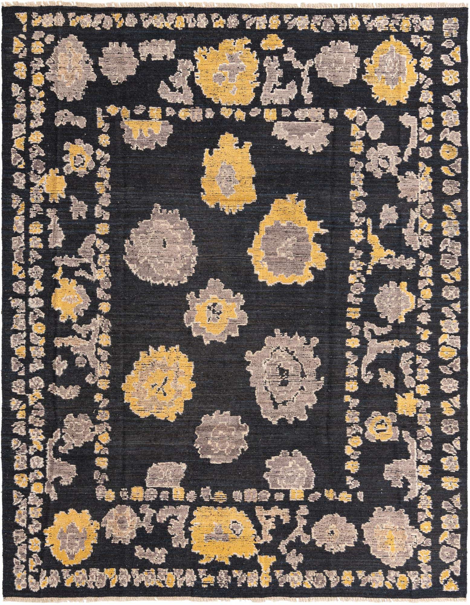 A rectangular 8x10 black wool rug featuring a modern floral pattern in mustard yellow and gray, with a decorative border.