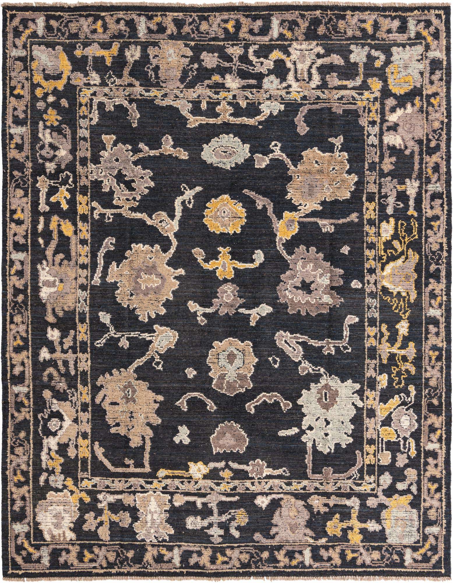 An 8x11 rectangular Oushak wool rug featuring a black background with a detailed floral and botanical border in muted gold, beige, and gray tones.