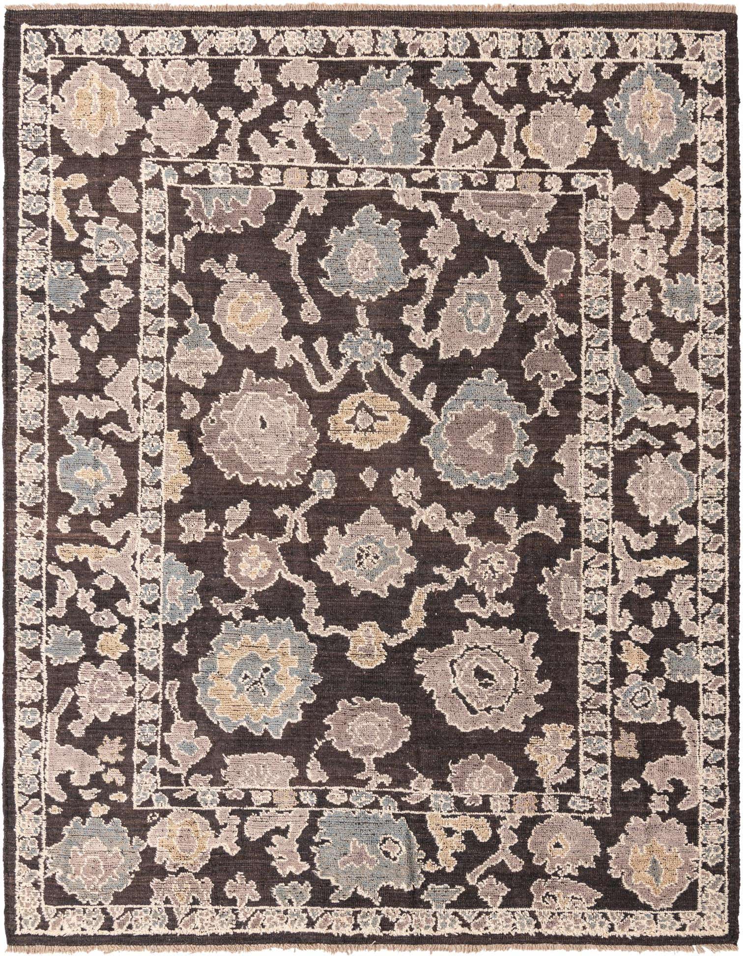 An 8x11 rectangular Oushak rug with a black background and a modern floral pattern in muted blues, grays, and creams.