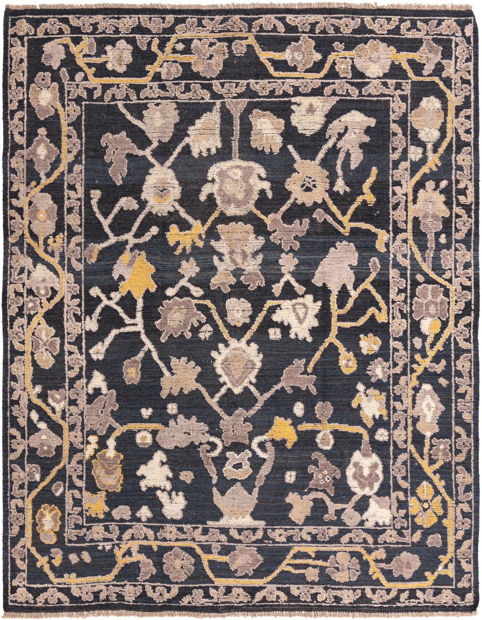 An 8x10 rectangular black modern Oushak wool rug with a detailed floral and vine pattern in beige, gray, and yellow.
