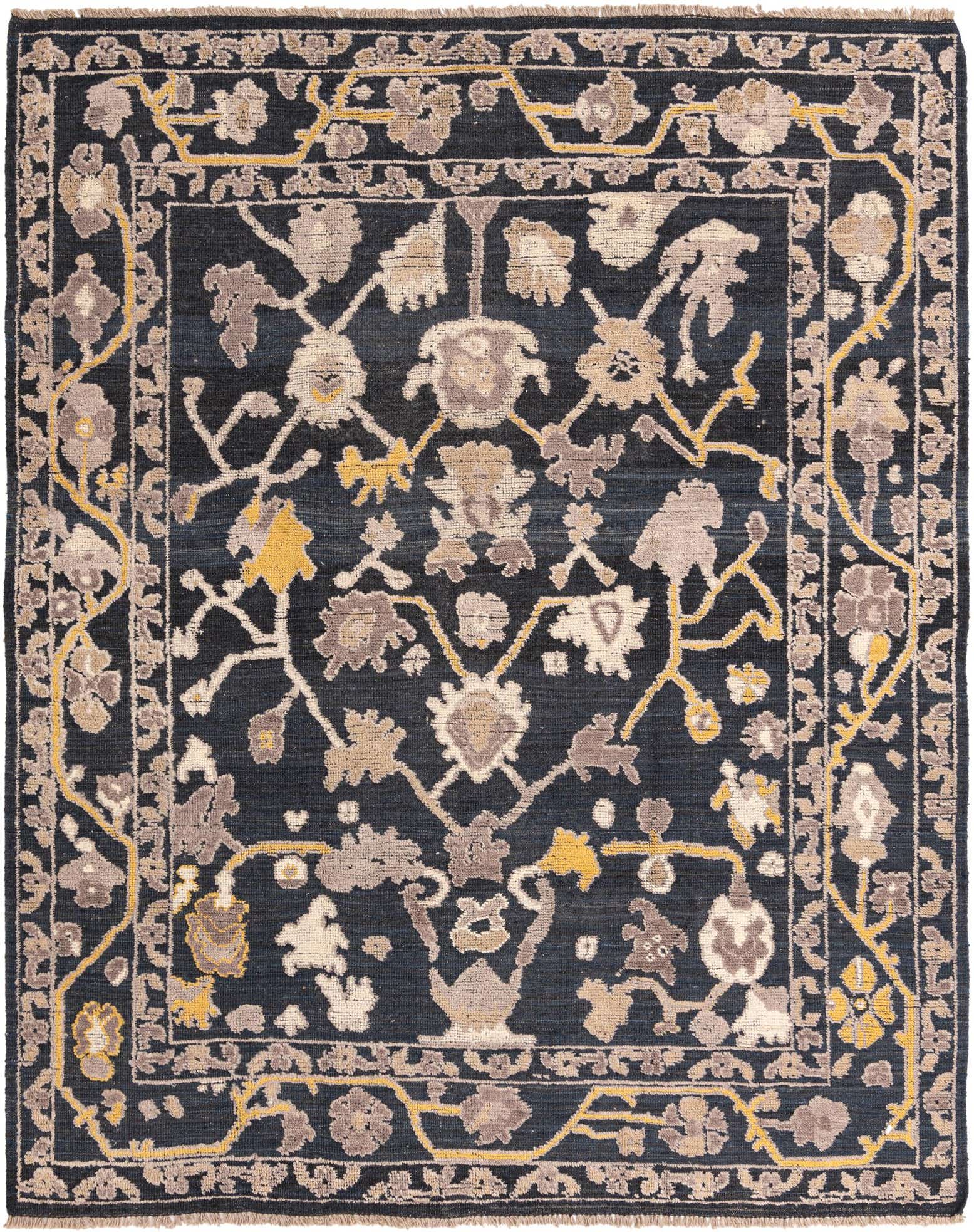 An 8x10 rectangular black modern Oushak wool rug with a detailed floral and vine pattern in beige, gray, and yellow.