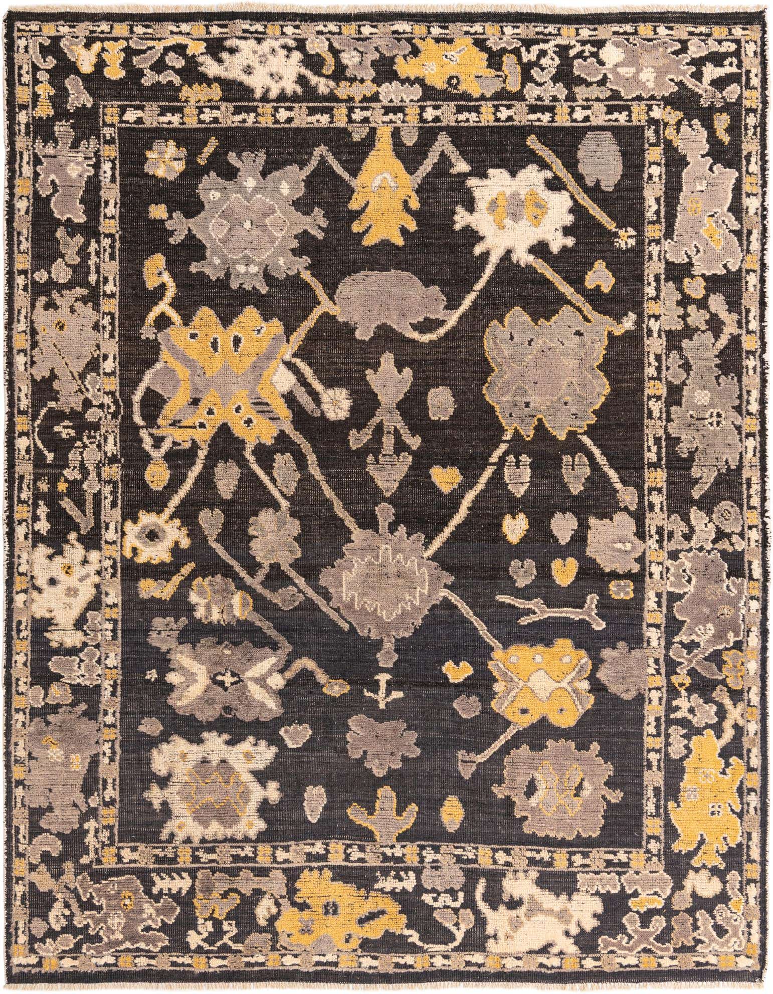 An 8x11 rectangular Oushak rug with a black background and abstract modern patterns in grey, yellow, and off-white.