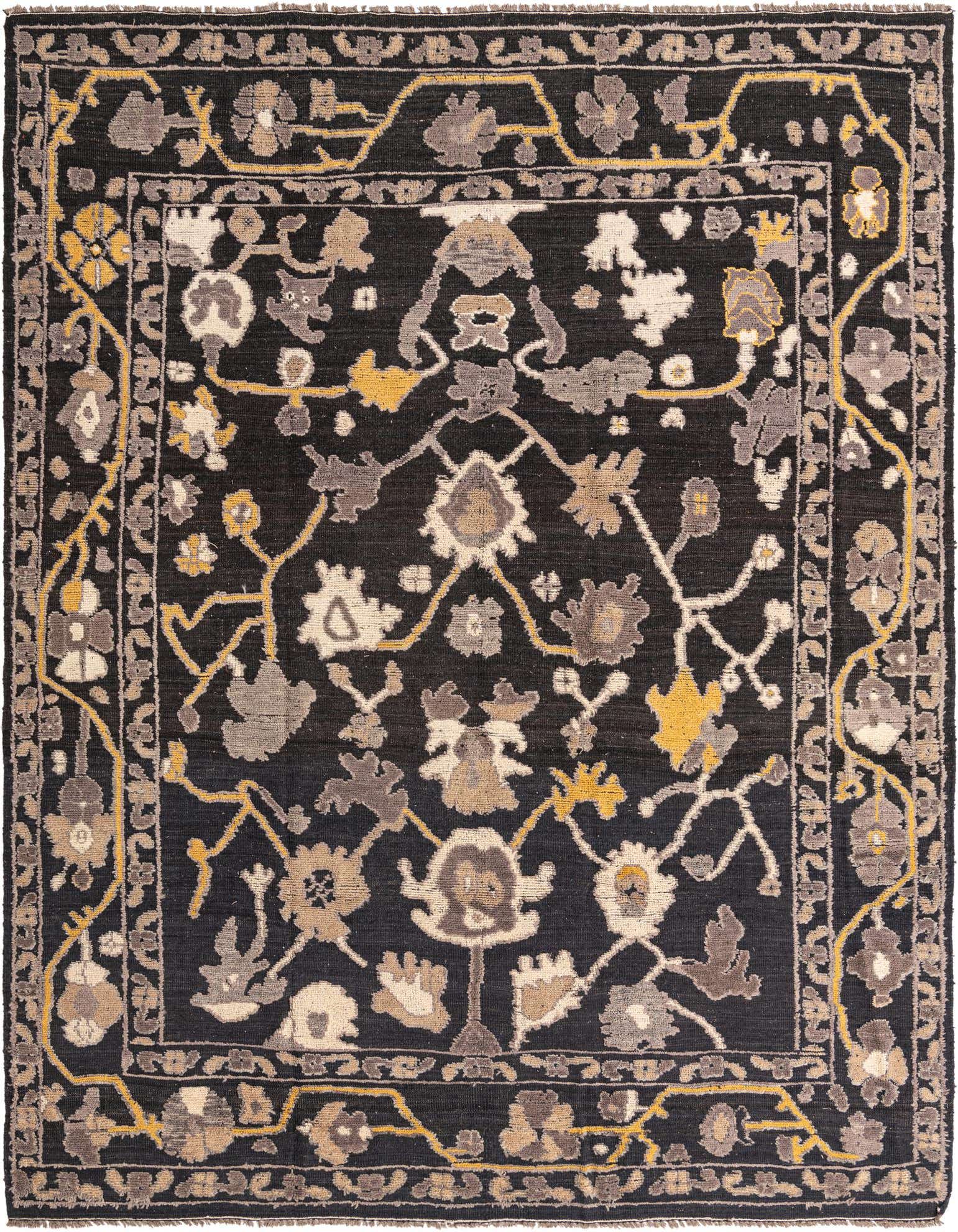 A 9x12 rectangular black modern Oushak rug with an intricate floral and vine pattern in shades of grey, gold, and cream.