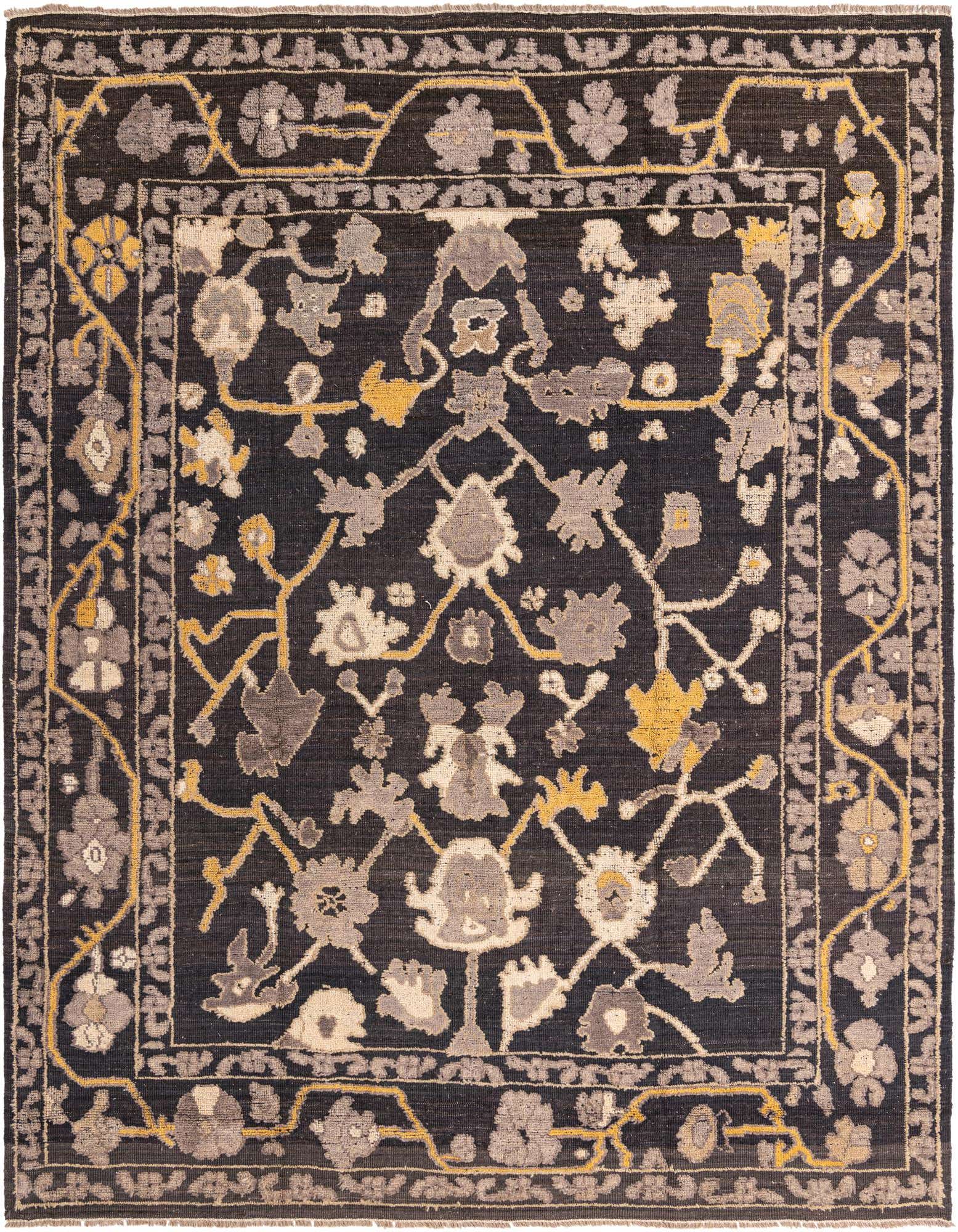 A 9x12 rectangular black modern Oushak wool rug with abstract floral patterns in gray, cream, and yellow.