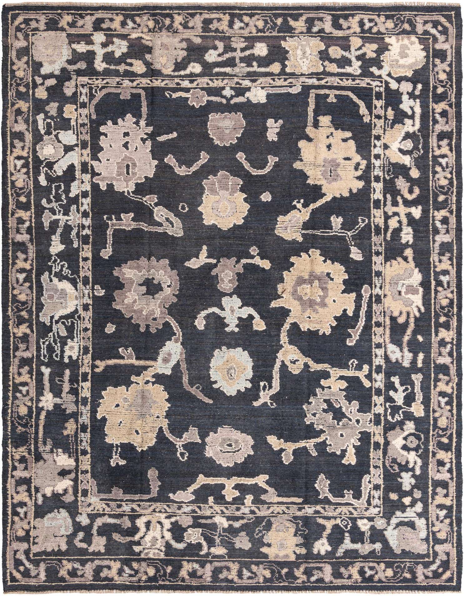 A 10x14 rectangular black modern Oushak rug with a medium pile, featuring large floral motifs in beige and light gray.