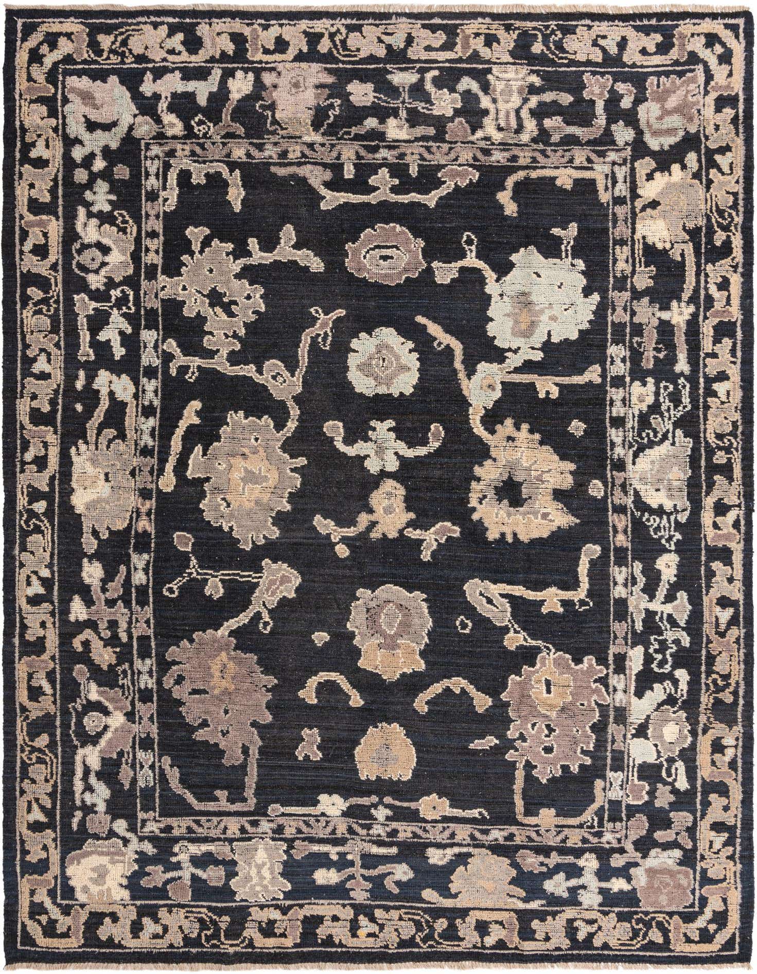 A 9x12 rectangular black Oushak wool rug with an intricate floral and botanical border in beige and brown tones.