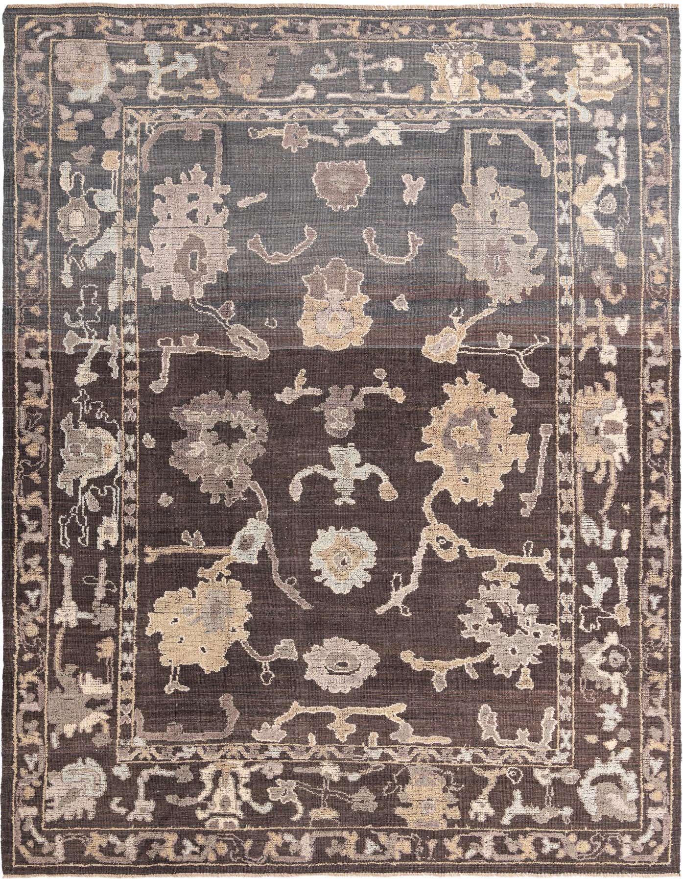 A 10x14 rectangular Oushak rug in black with a modern floral pattern in beige and grey tones.