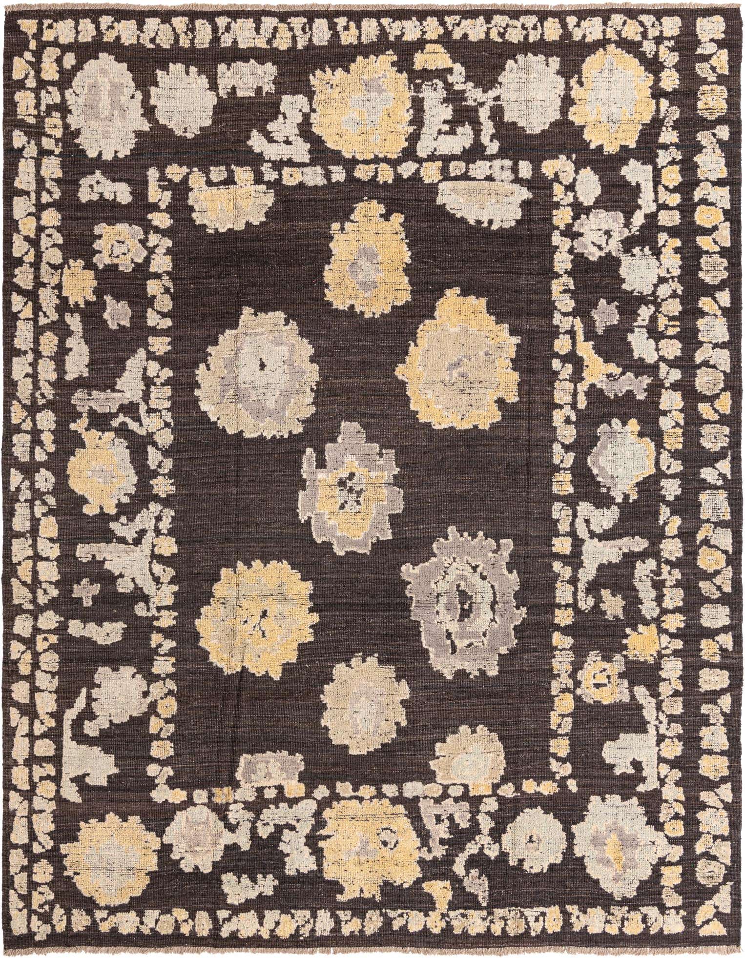 A 9x12 rectangular Oushak rug with a black background and modern floral patterns in light yellow and grey.