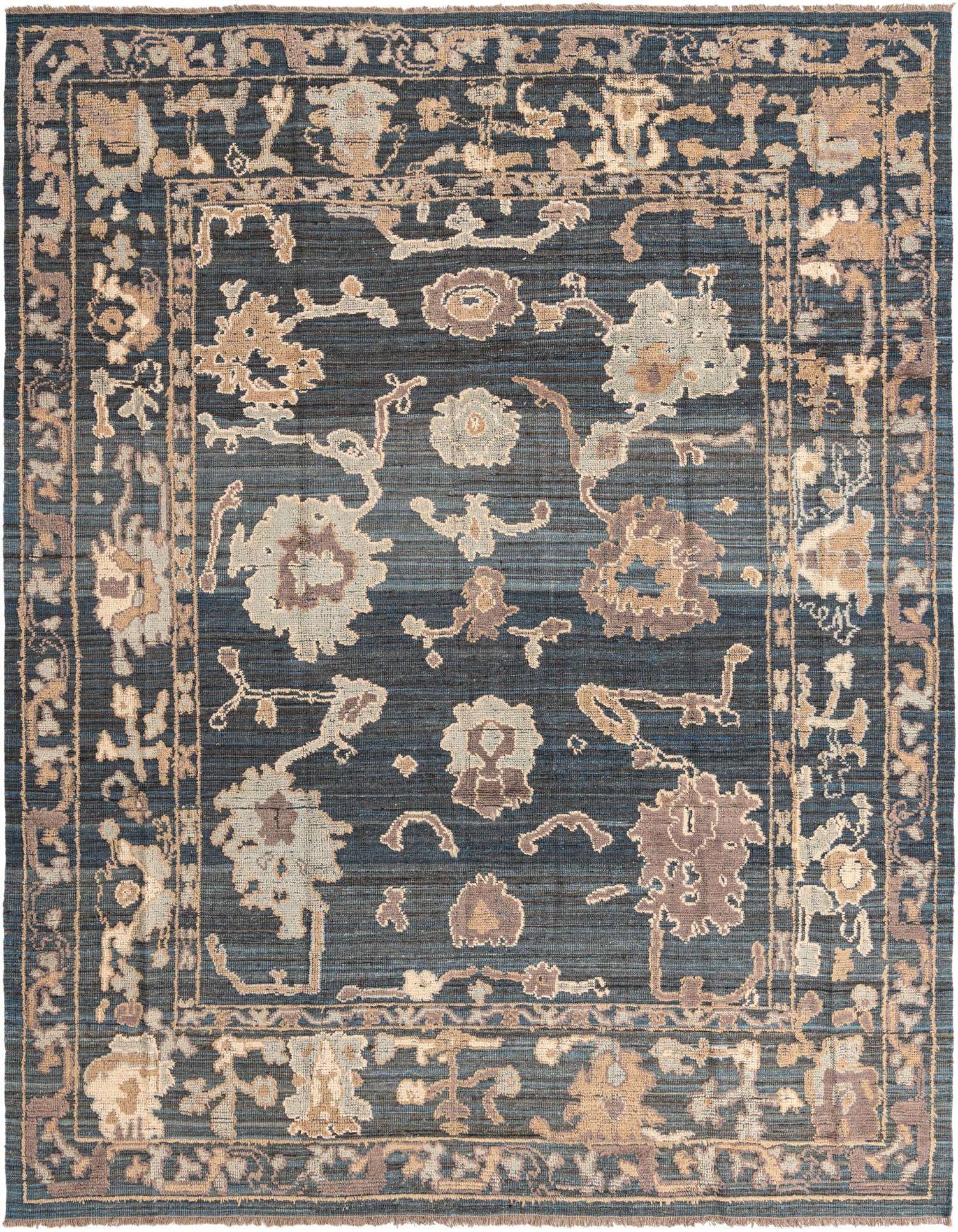 A 9x12 rectangular Oushak rug in black with a modern floral and vine pattern in shades of tan and light grey.