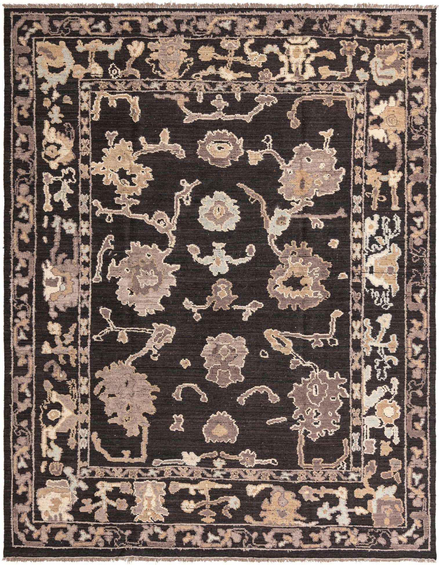 A 9x12 rectangular Oushak rug in black with a modern floral pattern in beige, grey, and light blue tones.