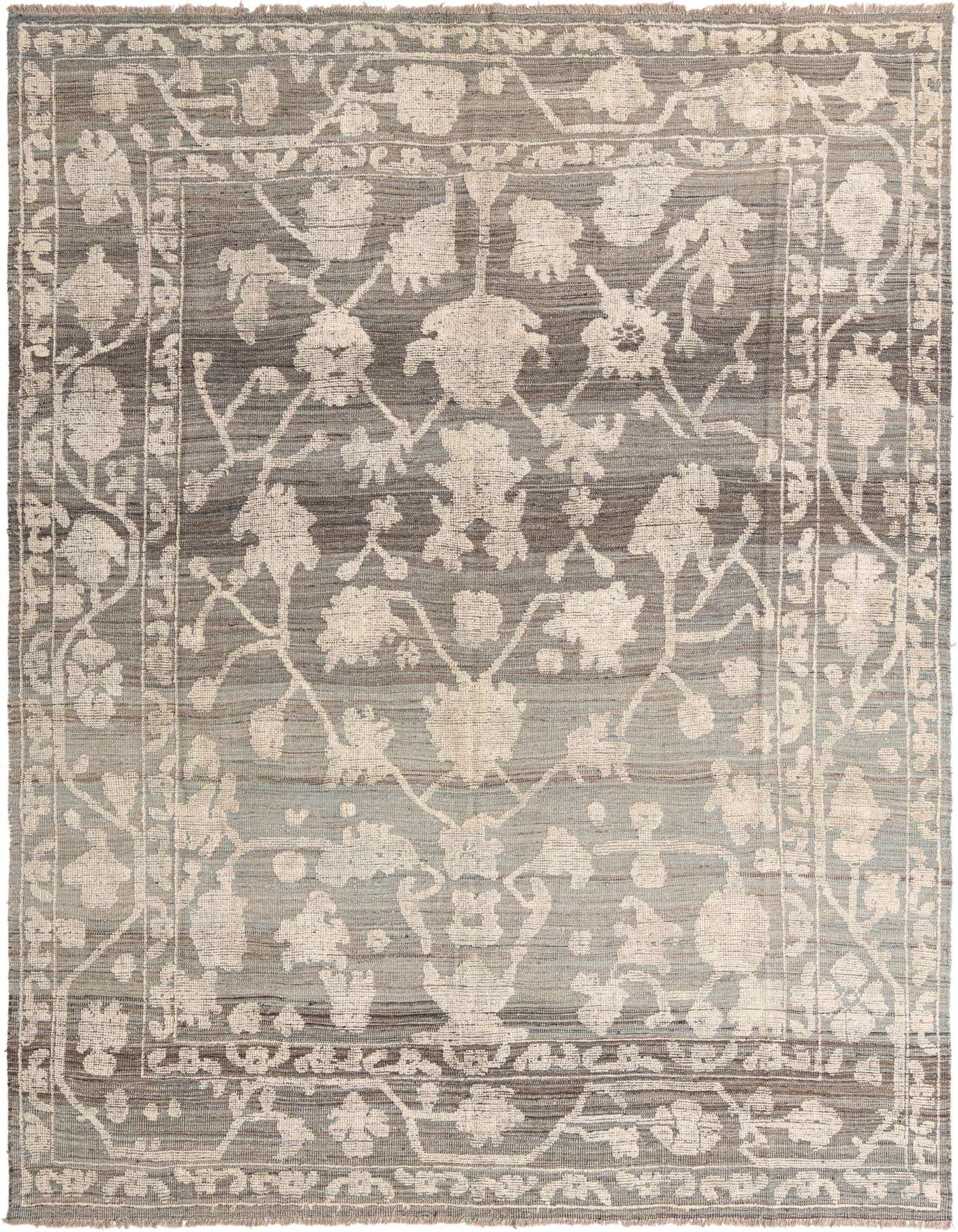 A 9x12 rectangular Oushak rug featuring a modern floral and vine pattern in light cream against a textured black and gray background.
