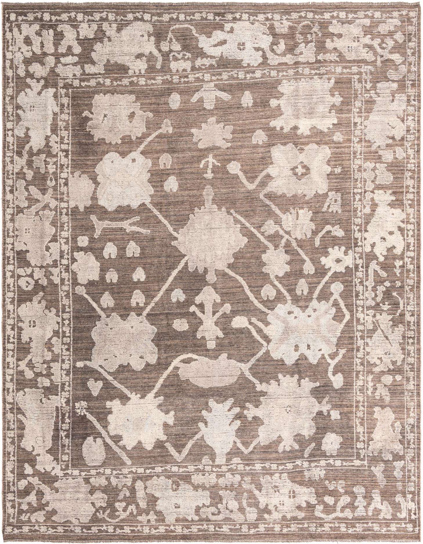 A 10x14 rectangular black modern Oushak wool rug with an abstract floral pattern and border in light beige.