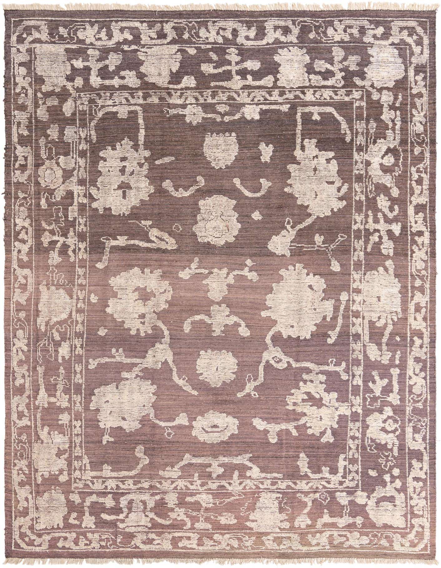 A 9x12 rectangular Oushak rug in black and off-white, featuring a modern floral and vine pattern with a distinct border, ideal for a living room.