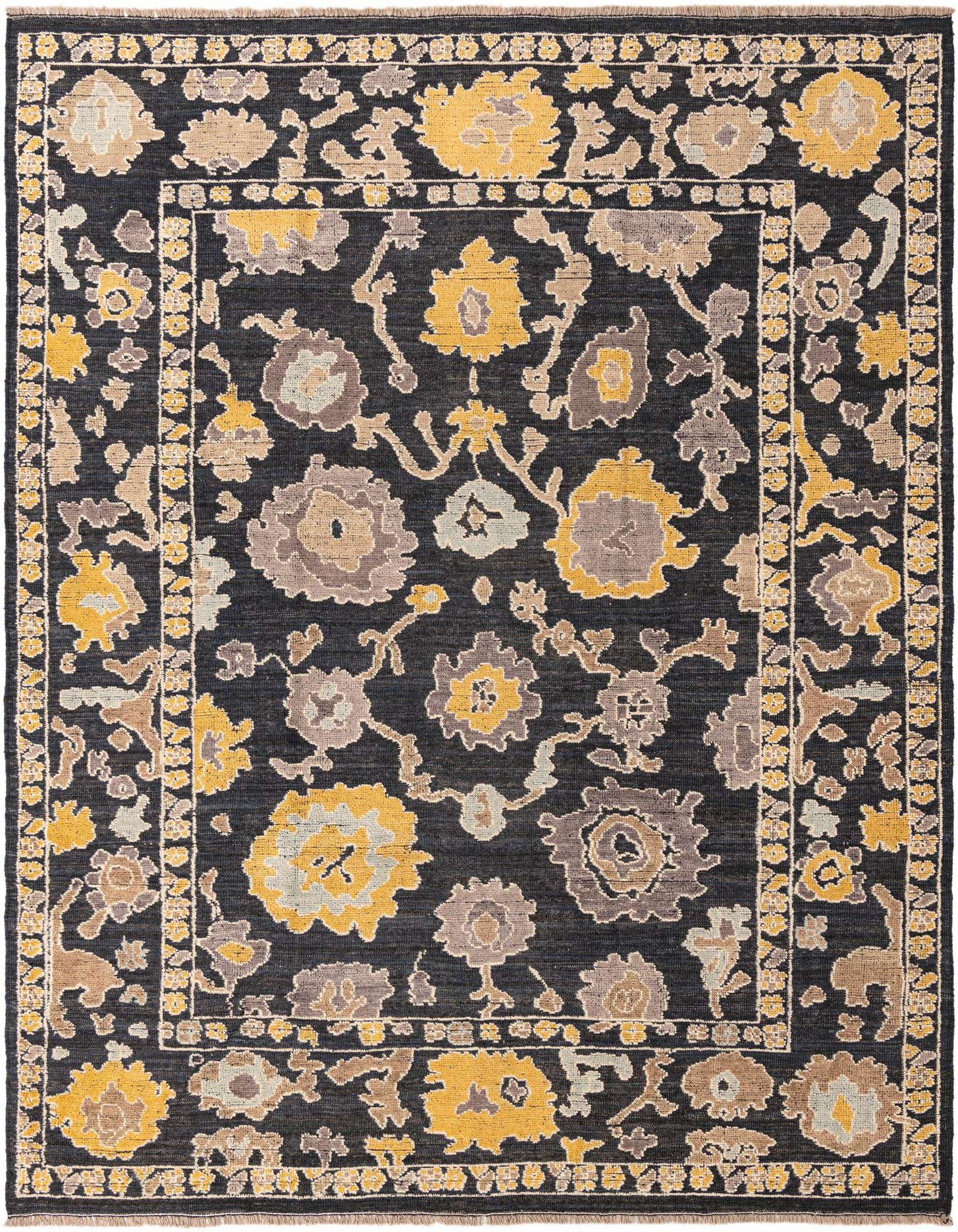 A 9x12 rectangular Oushak rug with a black background and a floral pattern in shades of gold, light blue, and beige.