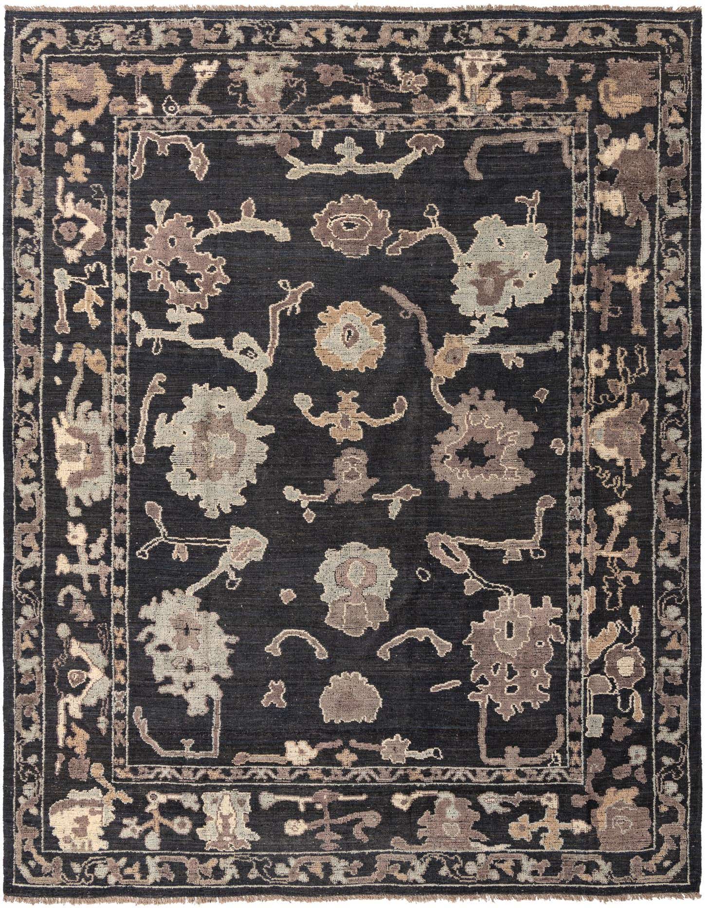 A 10x14 rectangular Oushak rug in black with an intricate floral and botanical pattern in muted browns, beiges, and grays.