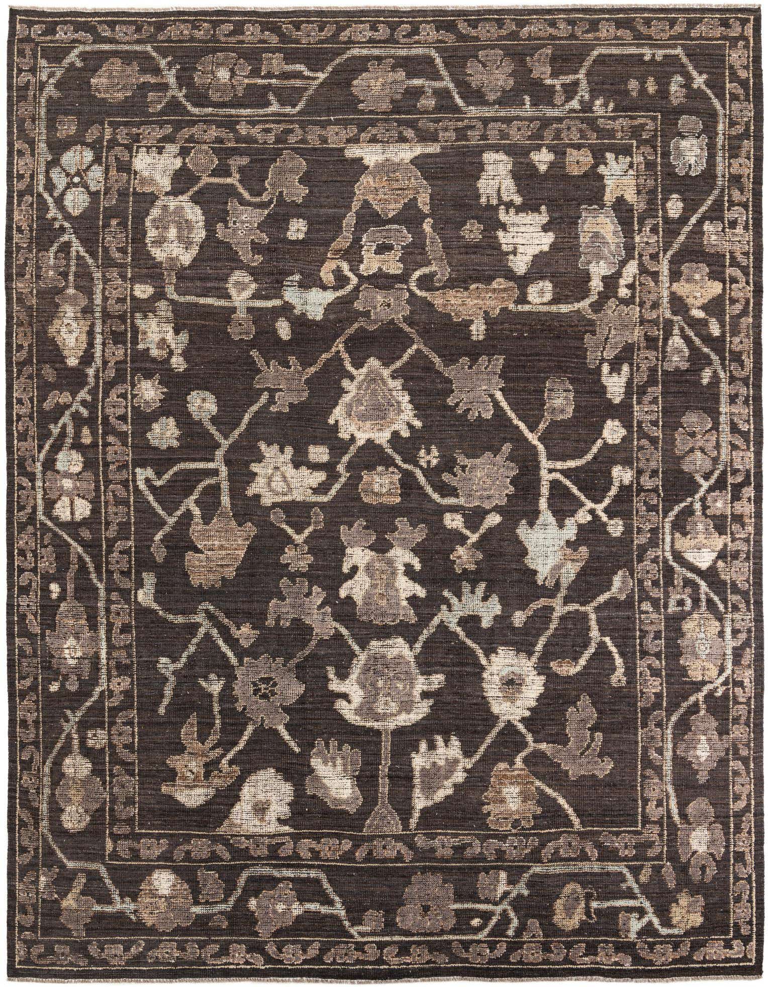 A rectangular 8x12 black modern Oushak wool rug with a subtle floral and vine pattern in shades of beige and light brown.
