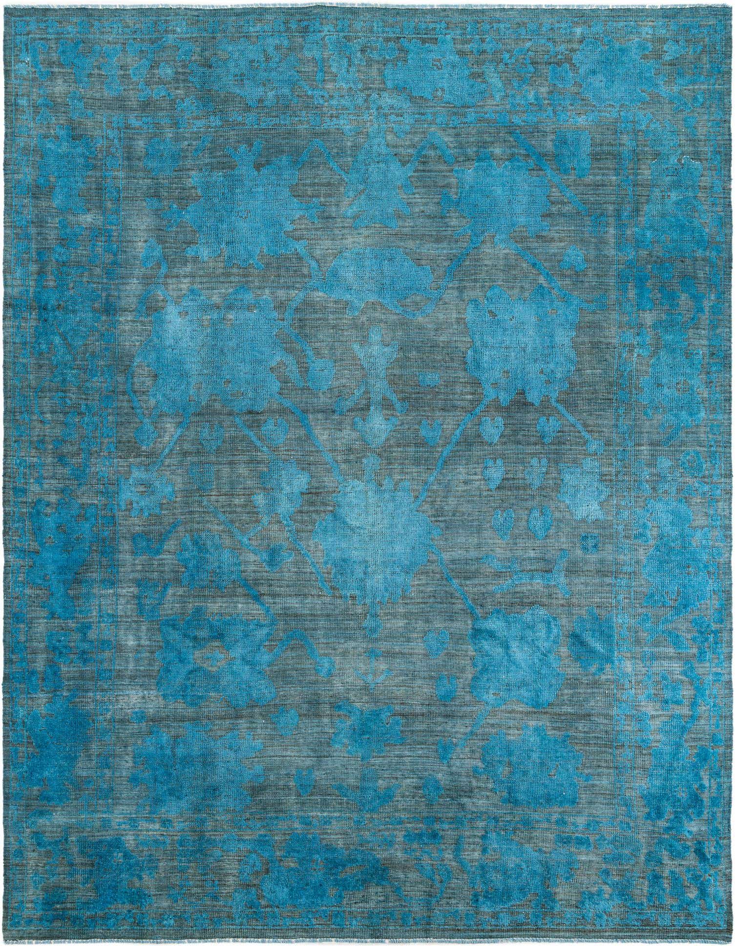 A 9x12 rectangular Oushak rug in black with a modern floral pattern in bright teal blue, suitable for a living room.
