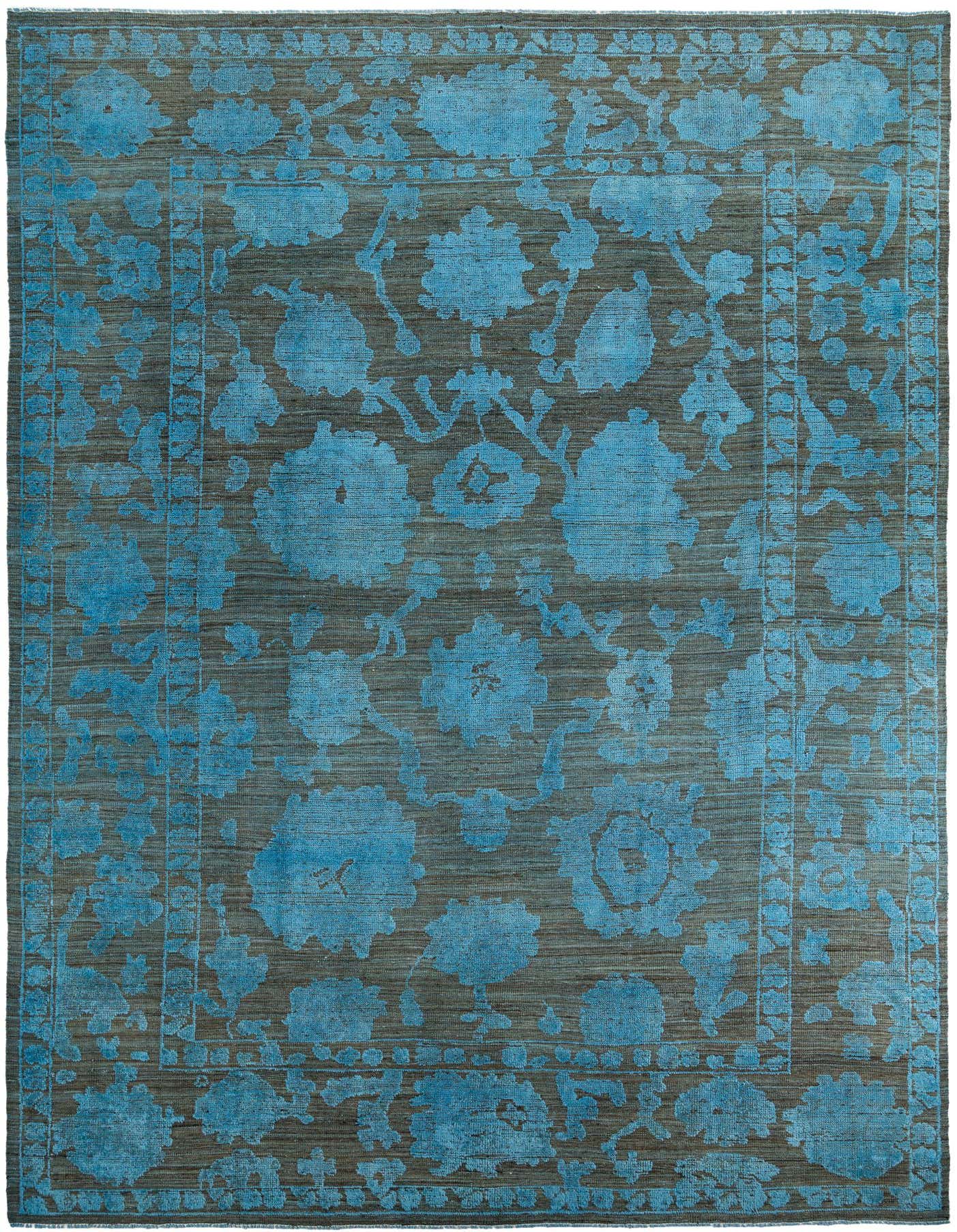 A 10x14 rectangular Oushak rug featuring a modern abstract floral pattern in vibrant blue against a dark black background.
