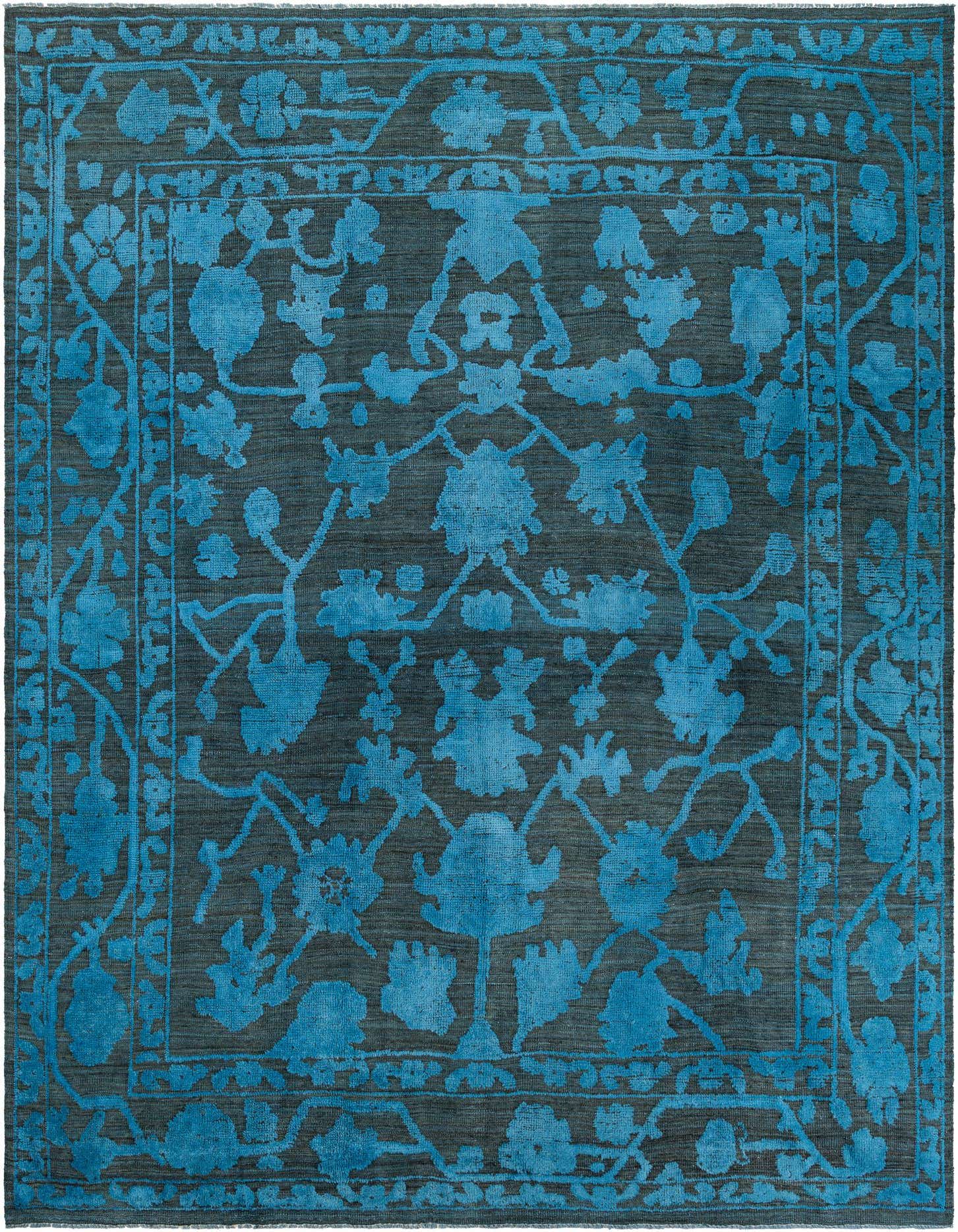 A 9x12 rectangular Oushak rug in black with a modern floral pattern in bright blue, suitable for a living room.